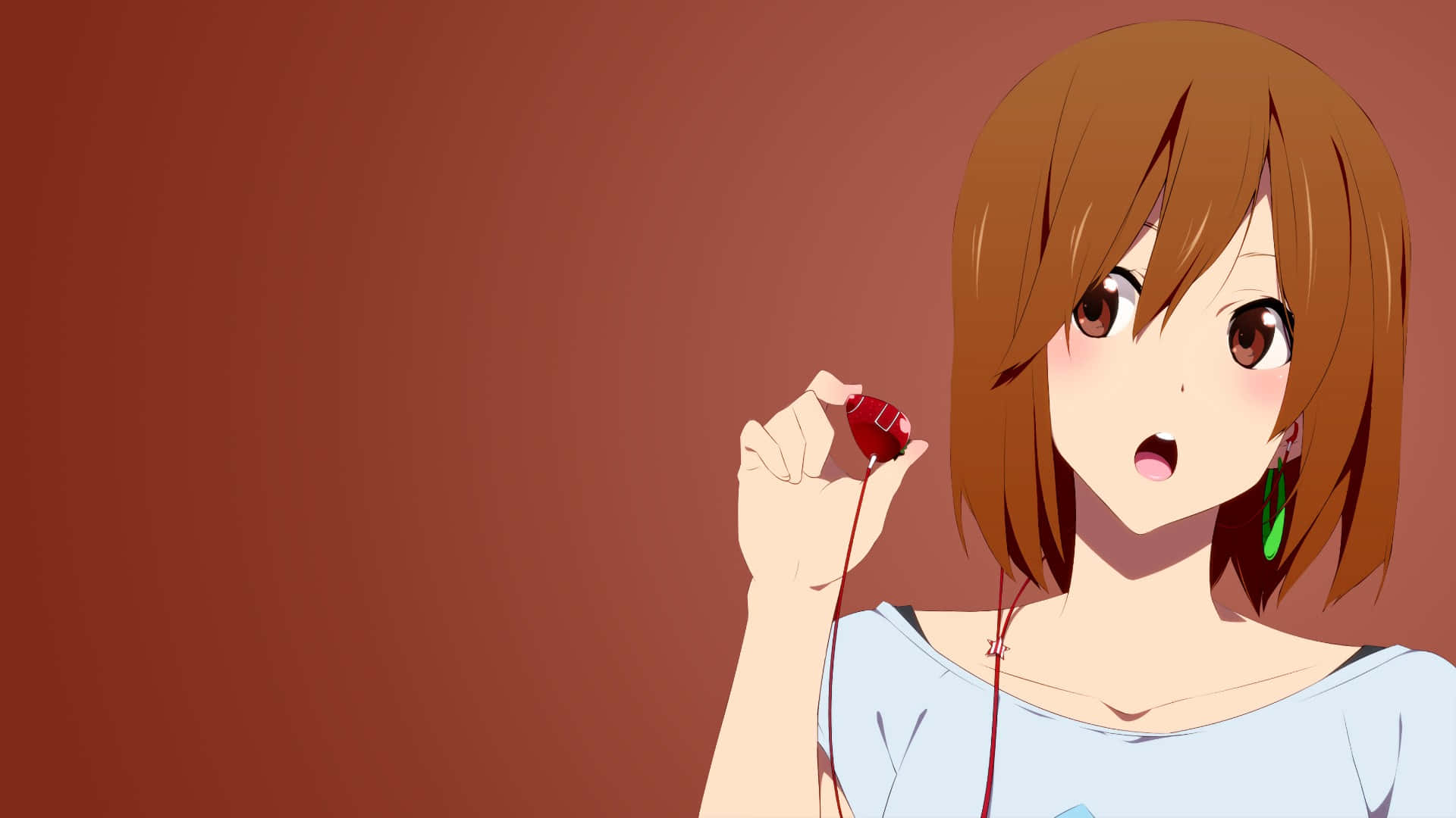 yui hirasawa 桌布 壁紙 — 棕色頭髮的動漫女孩在溫暖的赤陶背景前拿著紅色耳塞。