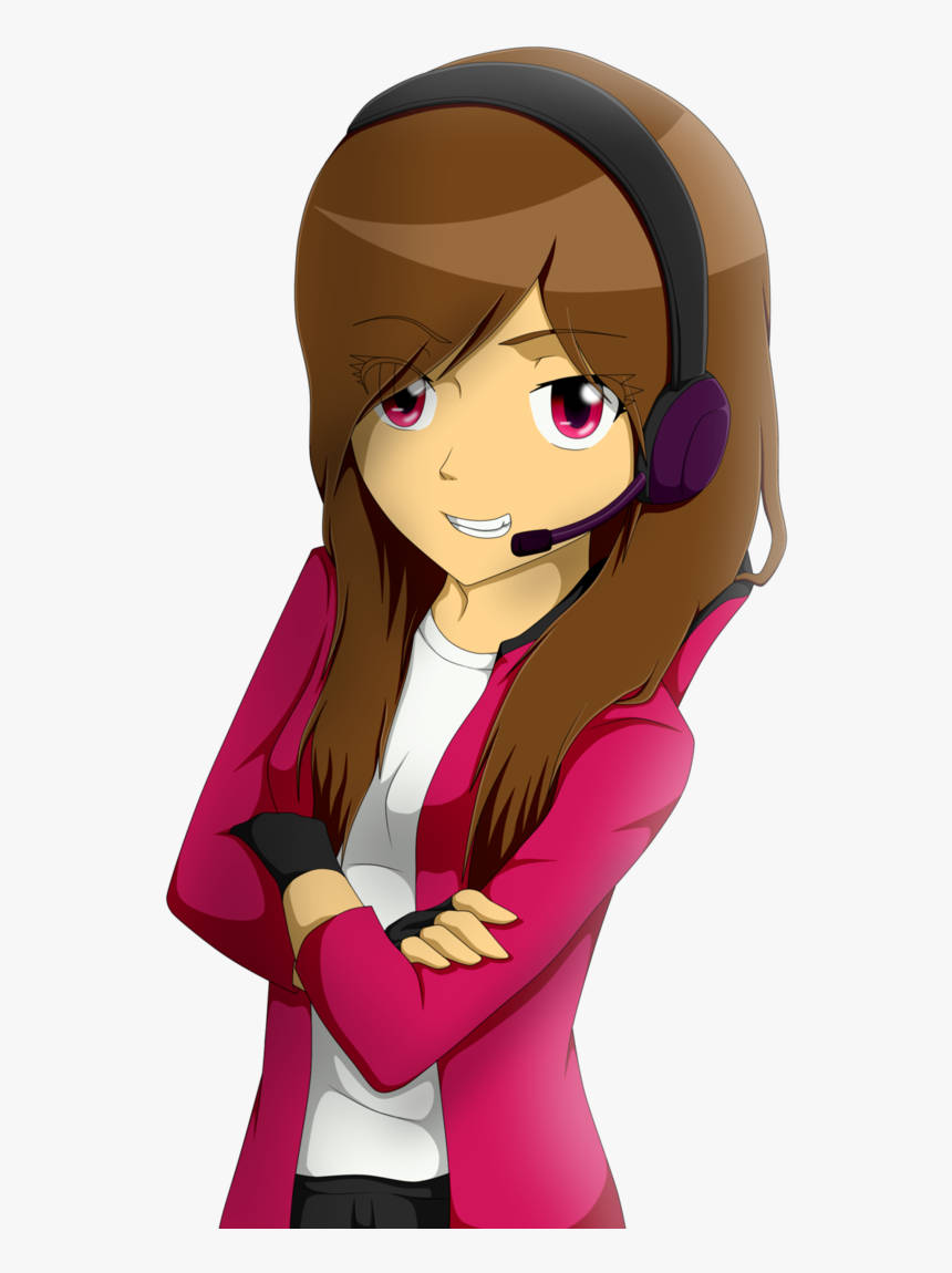 Gamer Logo 桌布 壁紙 — 棕色頭髮粉紅眼睛的動漫女孩戴著耳機，穿著粉紅色外套，交叉雙臂微笑。