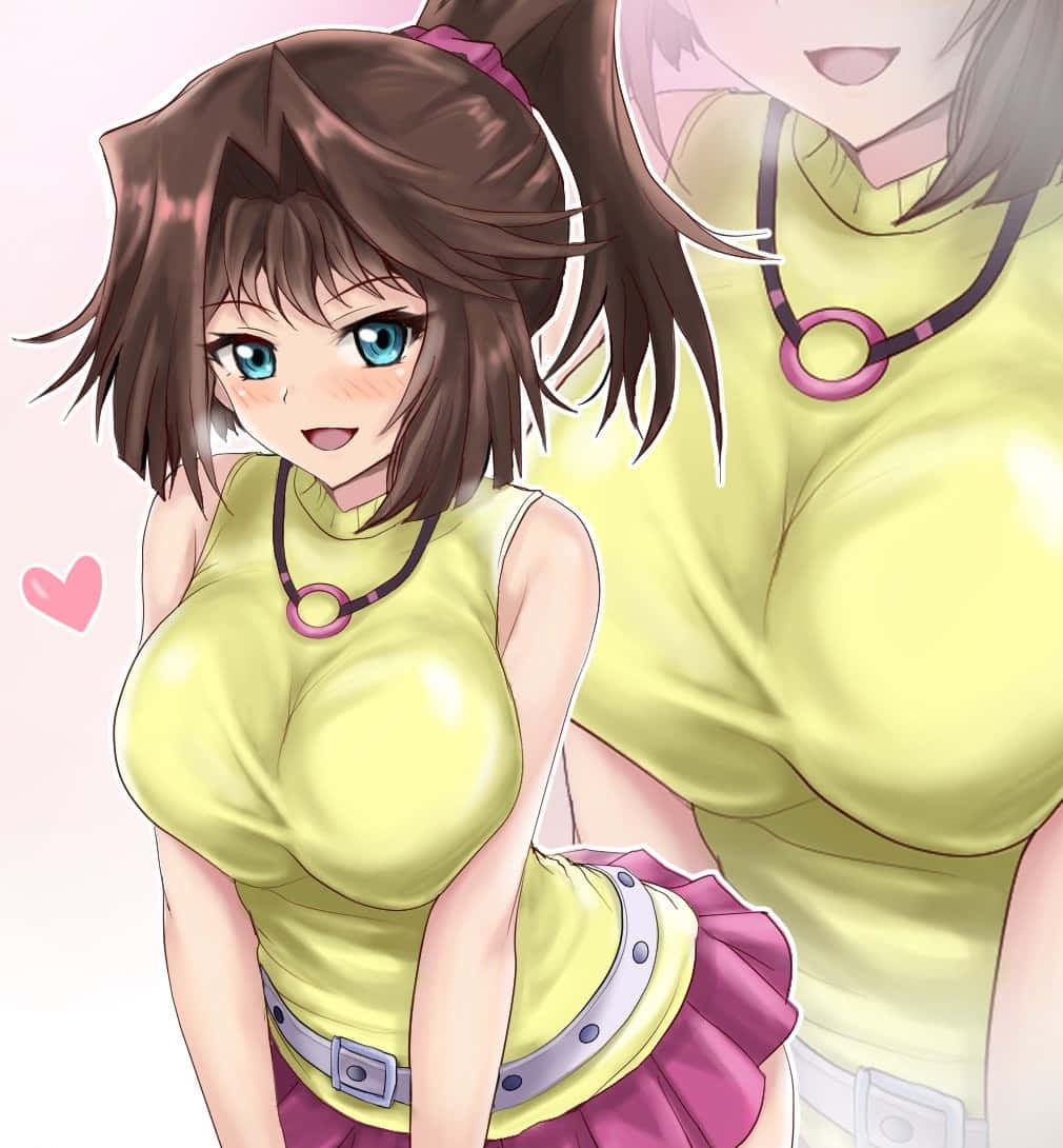 Tea Gardner 桌布 壁紙 — 棕色頭髮藍眼睛的動漫女孩，穿著黃色上衣和粉紅色裙子微笑，附近漂浮著一顆心。