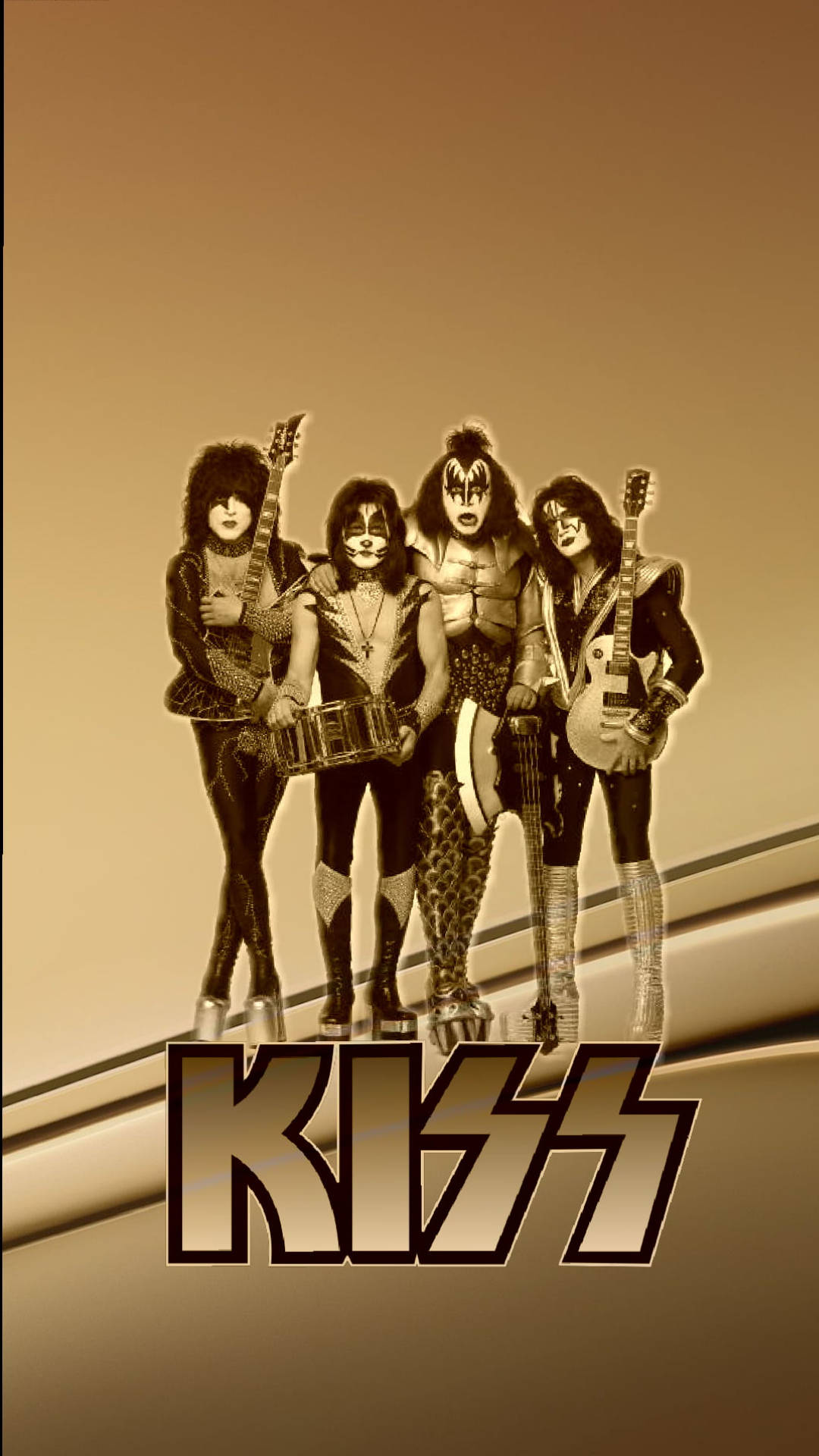 KISS 樂隊成員全妝手持結他，下方有標誌