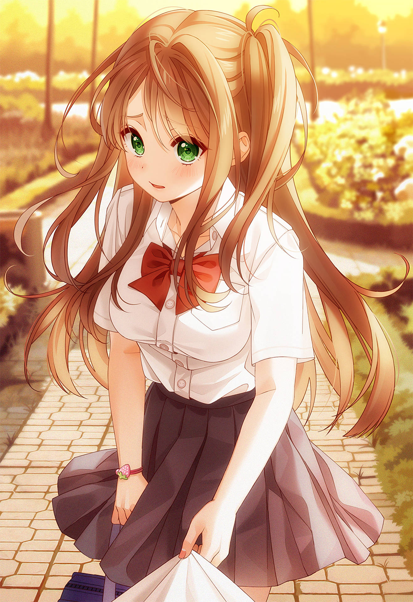 動漫女孩穿著校服，在溫暖的陽光下跪在石徑上。