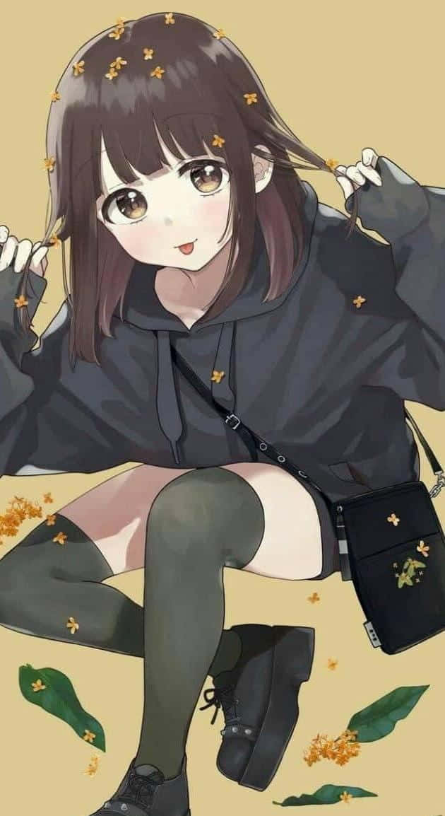 Menhera Chan 桌布 壁紙 — 棕髮上戴著金色花朵的動漫女孩，坐在飄落的花瓣中微笑。