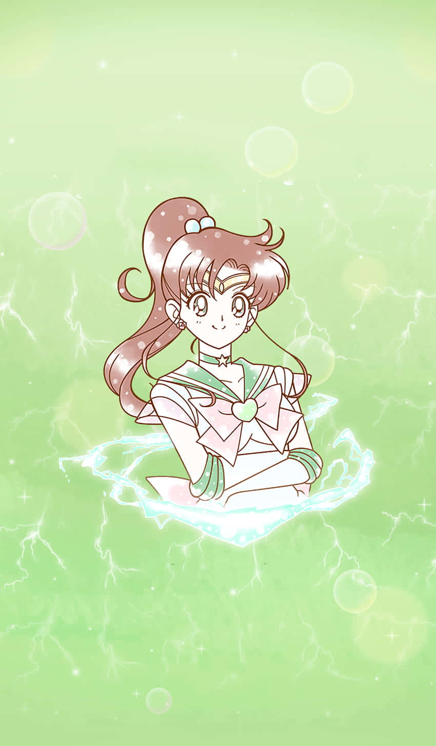 sailor jupiter 桌布 壁紙 — 棕髮動漫女孩穿著水手服，在柔和的綠色背景上被發光的泡泡和閃電包圍漂浮。