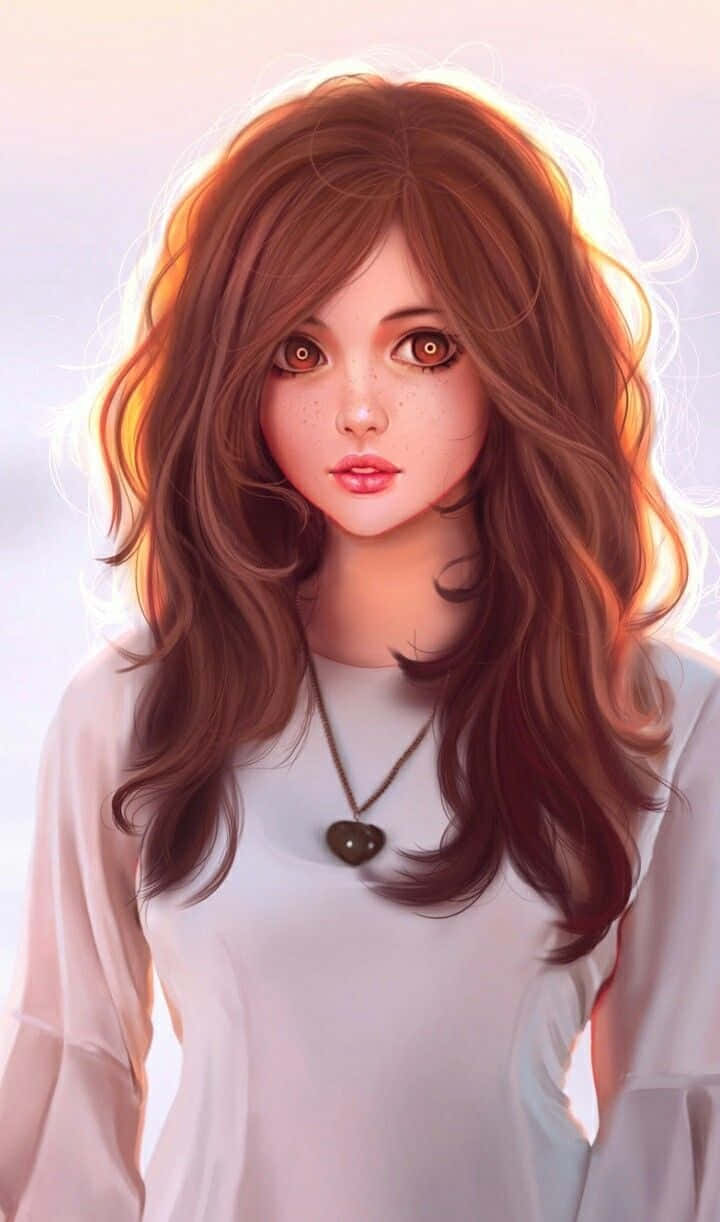 棕髮動漫美少女圖片 壁紙 — 一位擁有波浪棕色頭髮和溫暖琥珀色眼睛的年輕女性，在閃耀的日落背景下溫柔凝視。