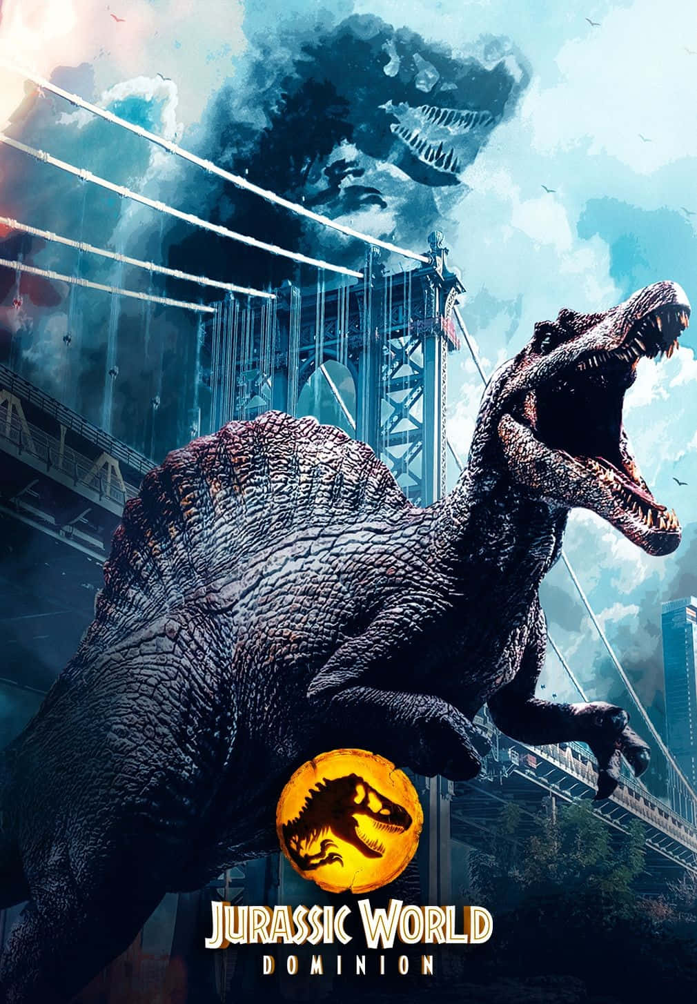 一隻巨型恐龍站在暴風雨城市景觀的橋樑上，天空中有另一隻恐龍。