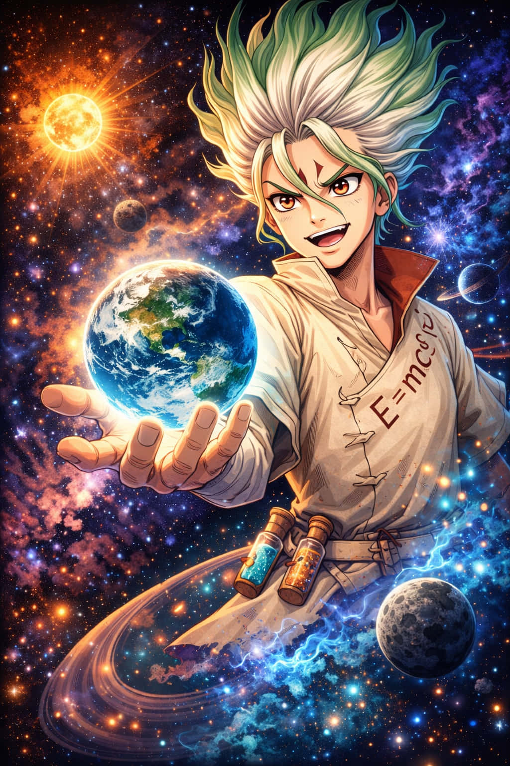森久科學天文 壁紙 — 一個充滿活力的動漫角色，擁有尖刺的綠色和白色頭髮，在充滿星星、行星和星雲的宇宙背景下，手持發光的地球。