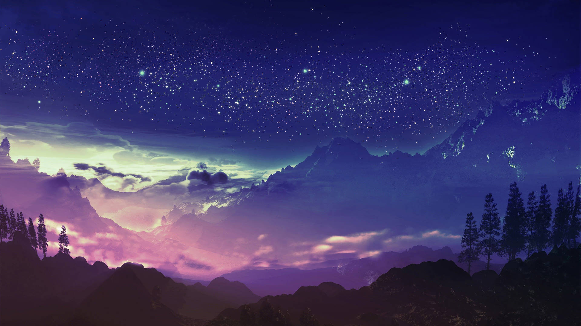 在星空夜空下，松樹伴隨紫綠色發光的山脈。
