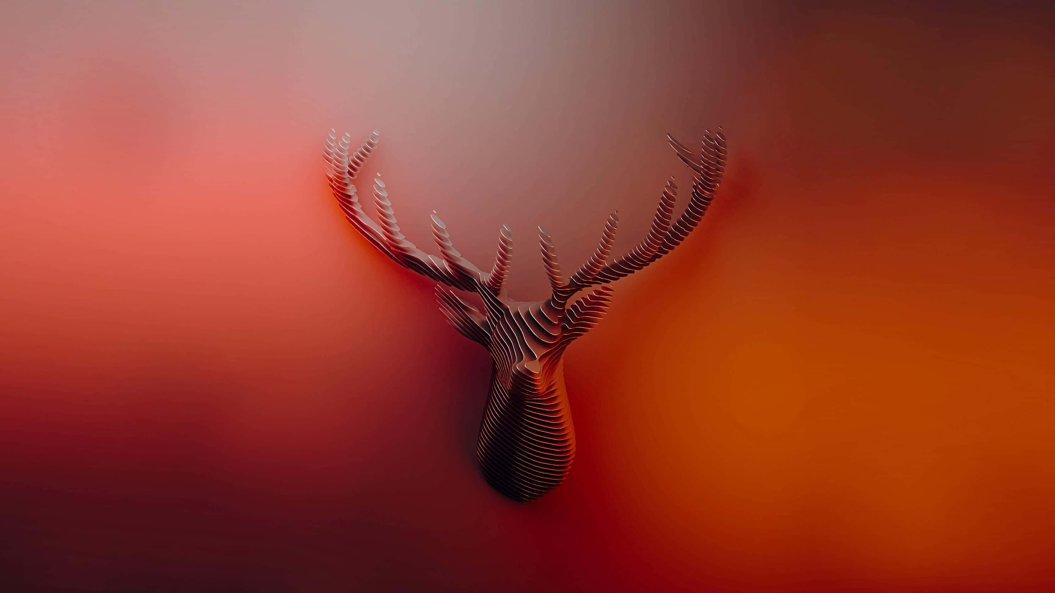 森林中一隻雄偉的鹿的插畫 壁紙 — 一個風格化的3D渲染鹿頭，帶有分層鹿角，從暖紅色和橙色的漸變中浮現。