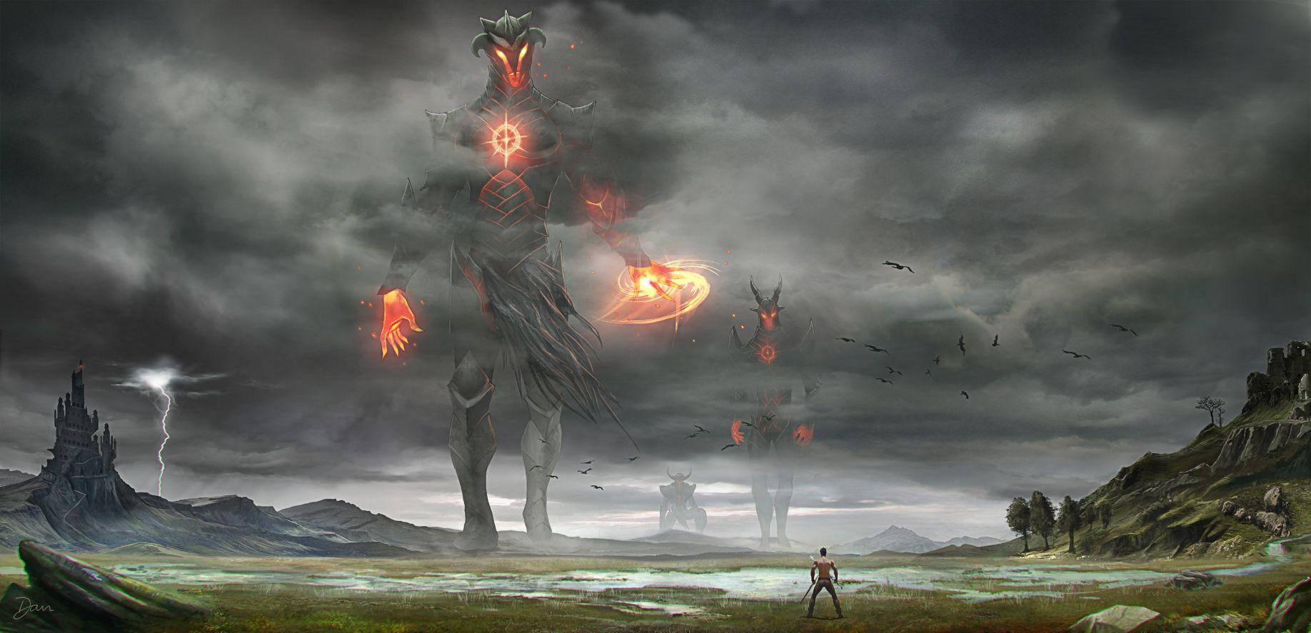 一位孤獨的戰士在暴風雨的奇幻景觀中對抗巨大的惡魔形象。
