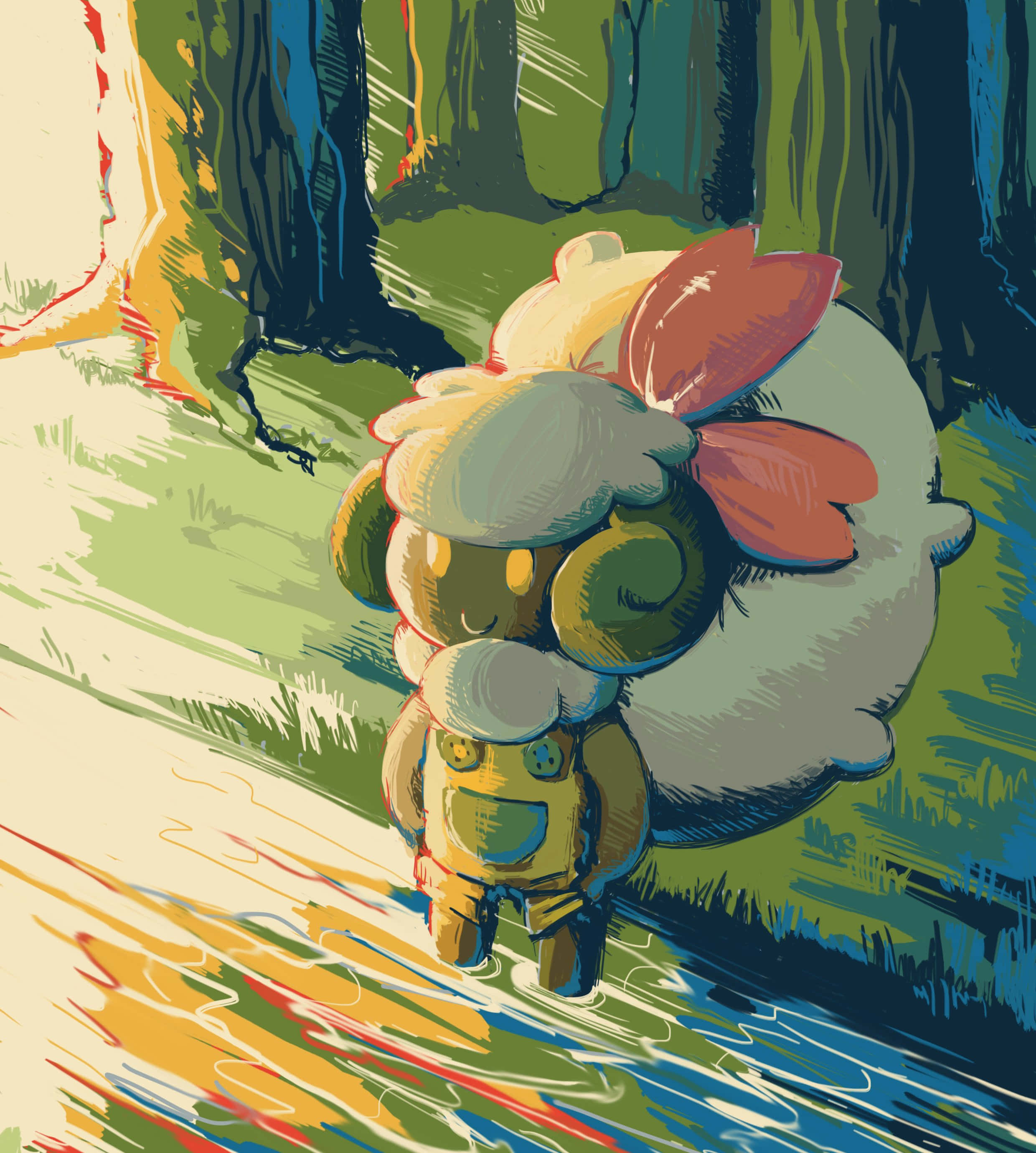 森林中打扮可愛的Whimsicott 壁紙 — 一隻戴著紅色蝴蝶結的可愛卡通羊，在風格化的筆觸下，沿著色彩繽紛的森林小徑行走。