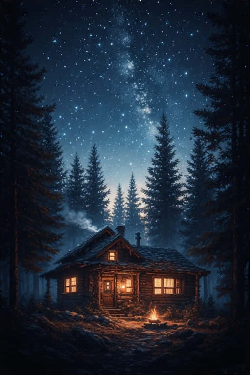 雪地森林中一間溫暖明亮的木屋，星空下，有營火。