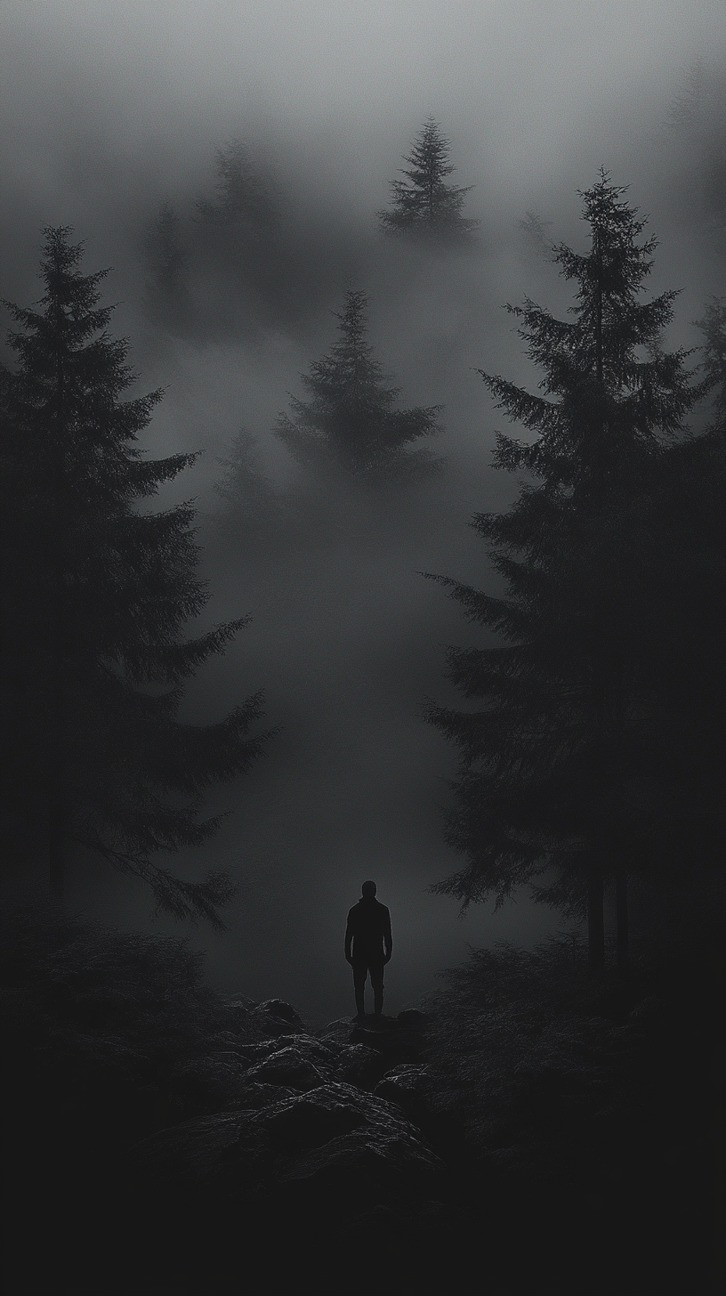 森林中獨自站立的男孩，黑色背景 壁紙 — 一個孤獨的身影站在岩石露頭上，周圍是茂密霧氣籠罩的森林，聳立著高大的松樹。