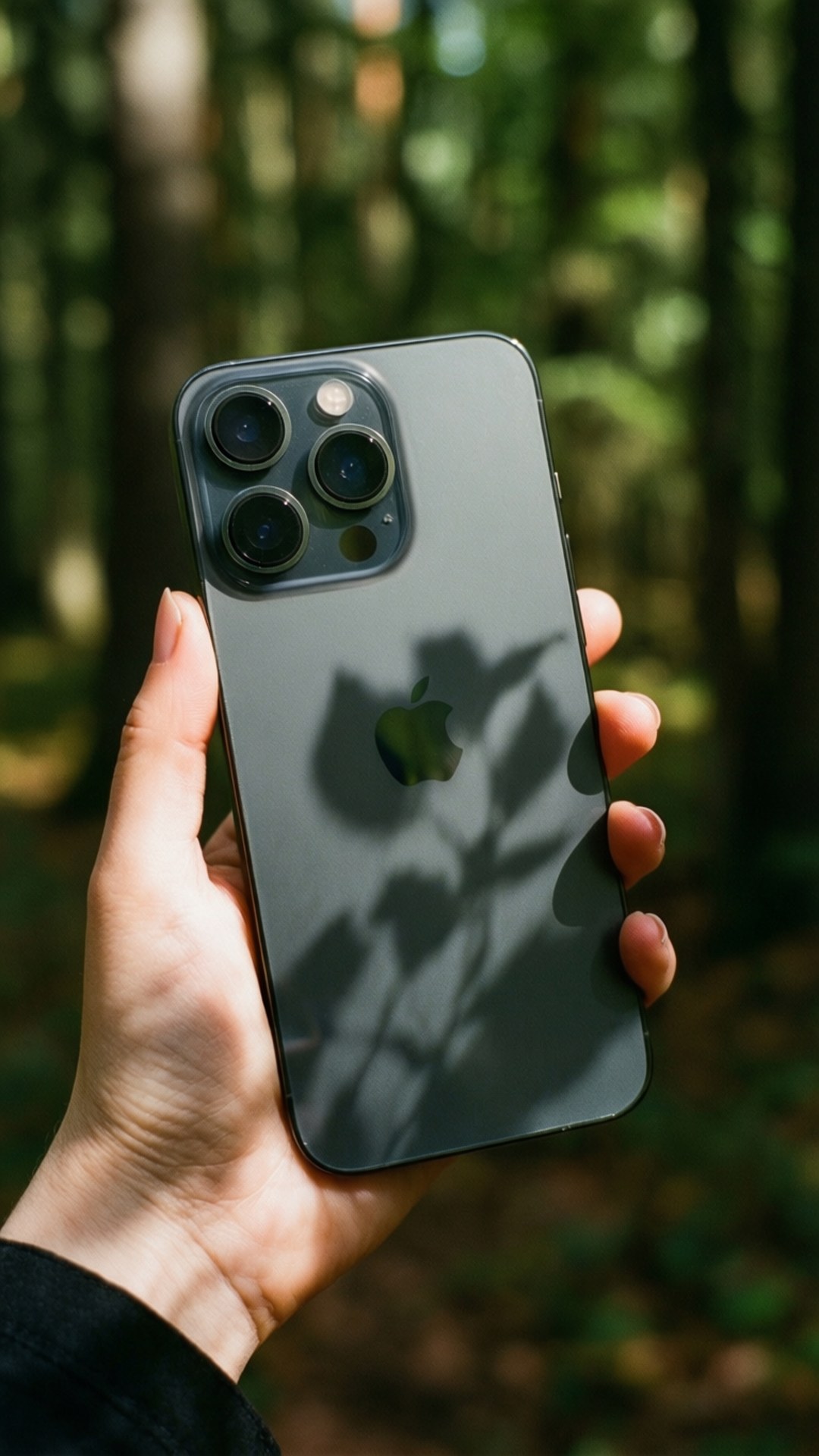 手拿著黑色 iPhone 14 Pro Max，在森林陽光下帶有樹葉陰影