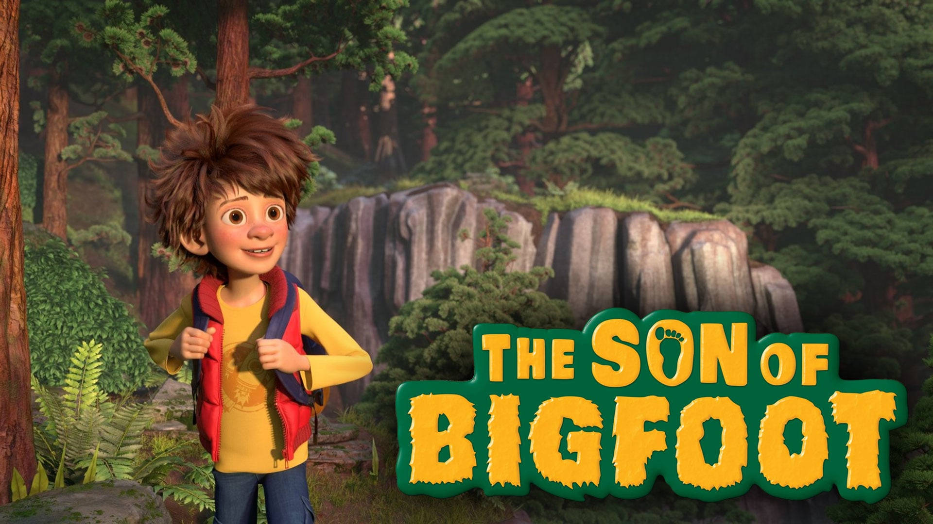 森林中的動畫男孩與「The Son of Bigfoot」標題