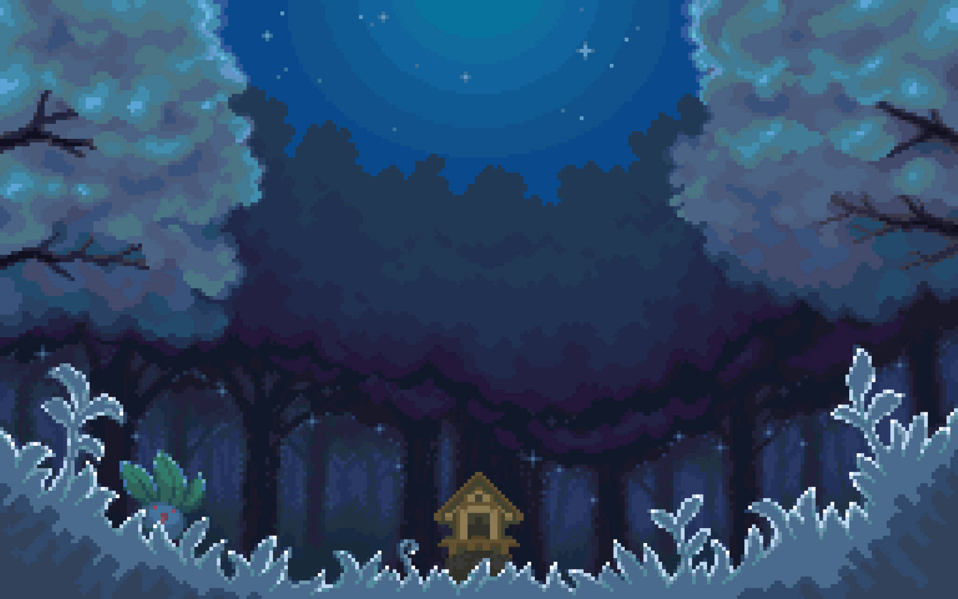 星空下雪地森林中一個舒適的小屋夜景。