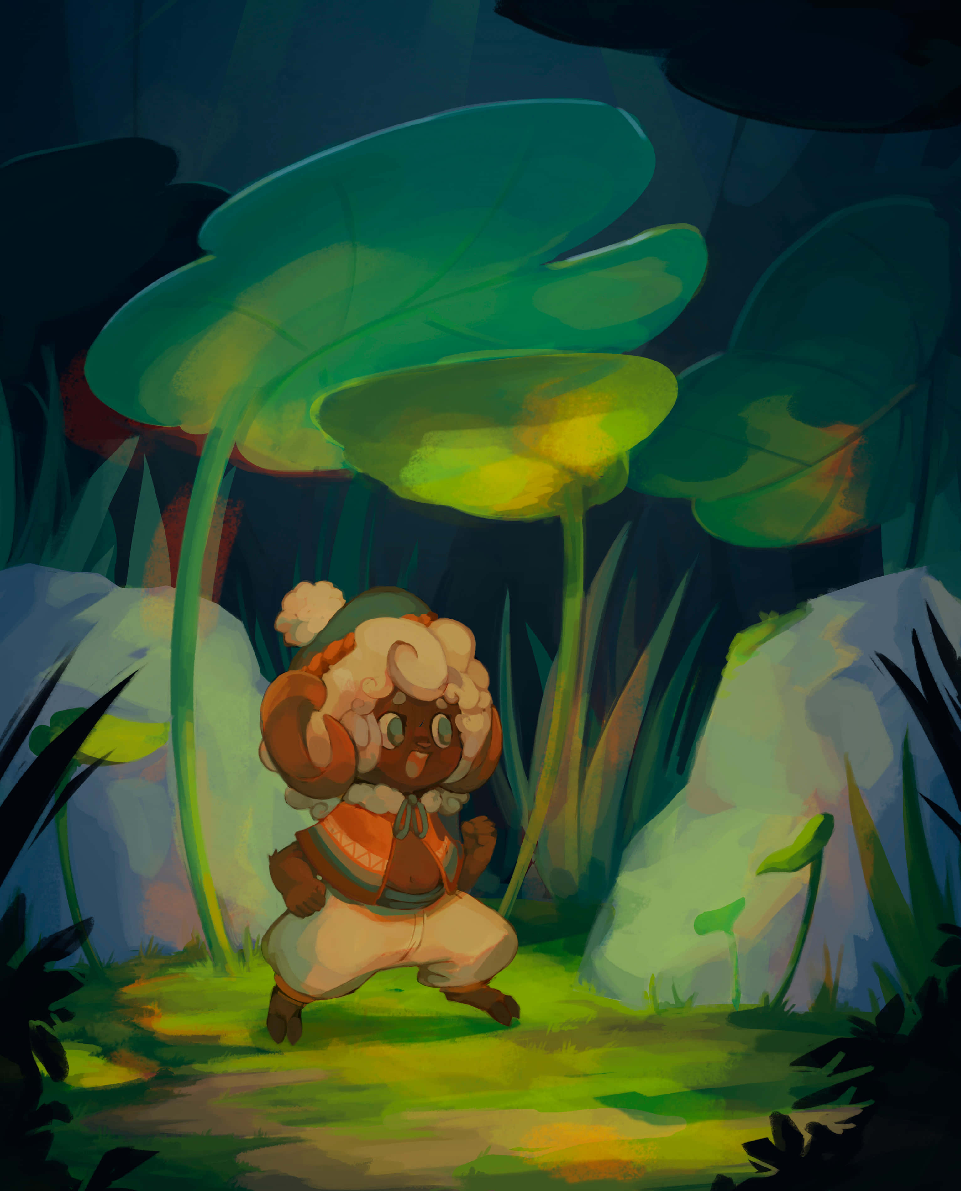 森林中的擬人化Whimsicott 壁紙 — 一個毛茸茸的卡通生物在森林空地上，沐浴在溫暖光線下的發光綠葉中。