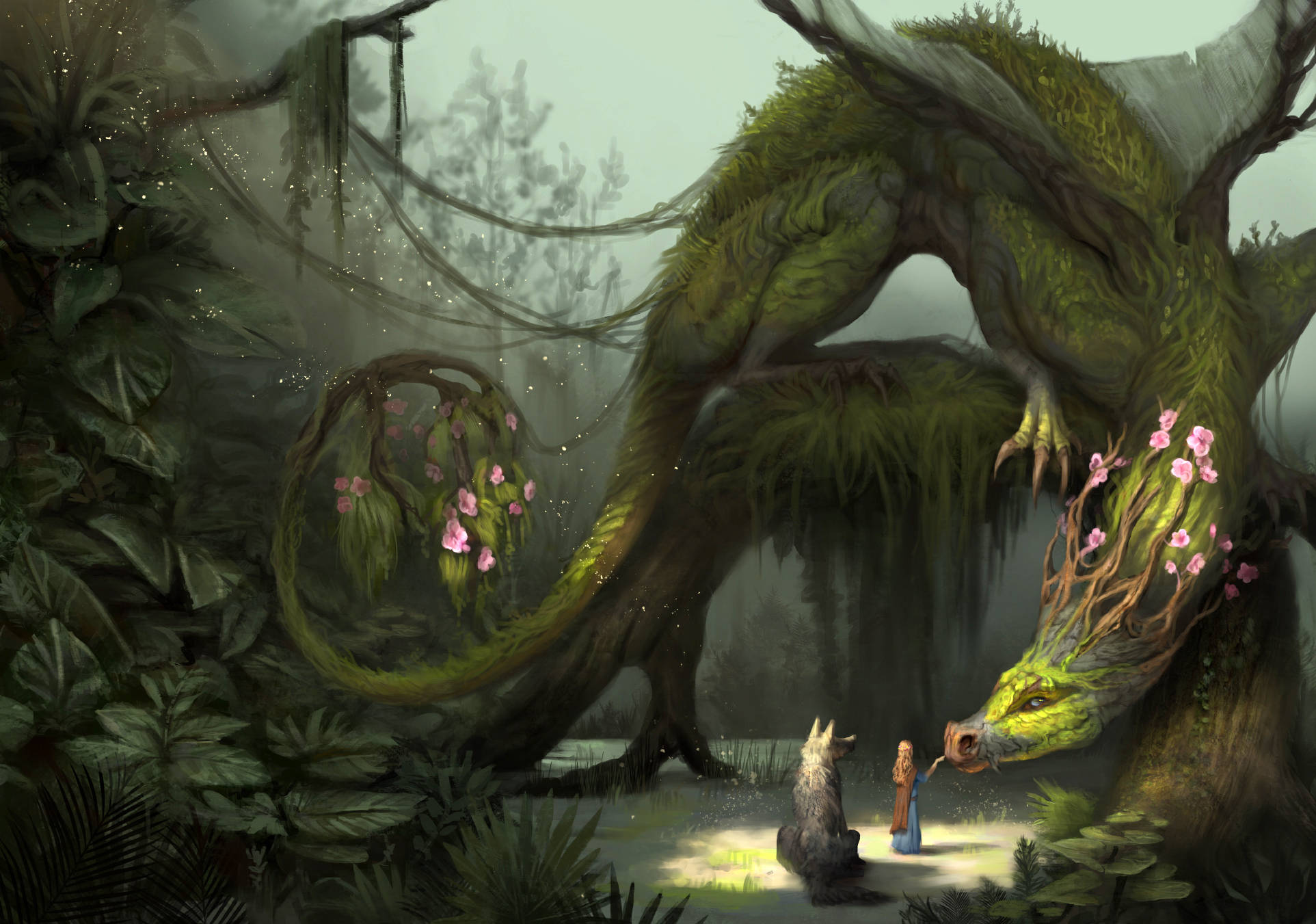 森林中的植物綠龍 壁紙 — 一個神秘的森林場景，一隻長滿青苔、帶有粉紅色花朵的巨大龍溫柔地與一個小人類和一隻狼互動。