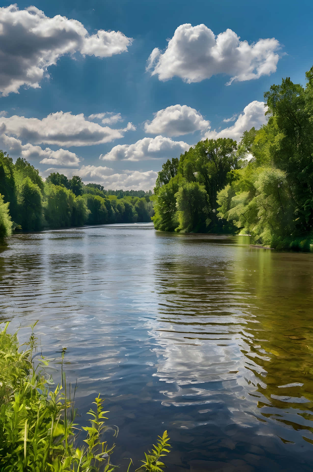 在明亮的藍天白雲下，一條平靜的河流被茂密的綠樹環繞。