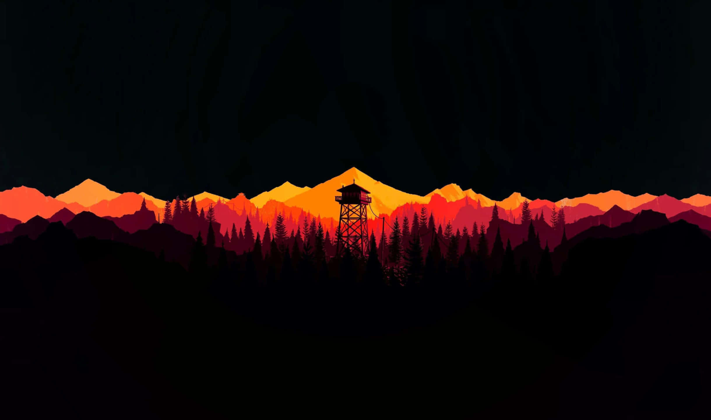 森林中的火警瞭望台 2440x1440 AMOLED 背景 壁紙 — 一座瞭望塔在黃昏時分以剪影矗立在火紅橙色的山脈前，下方是黑暗的松樹林。