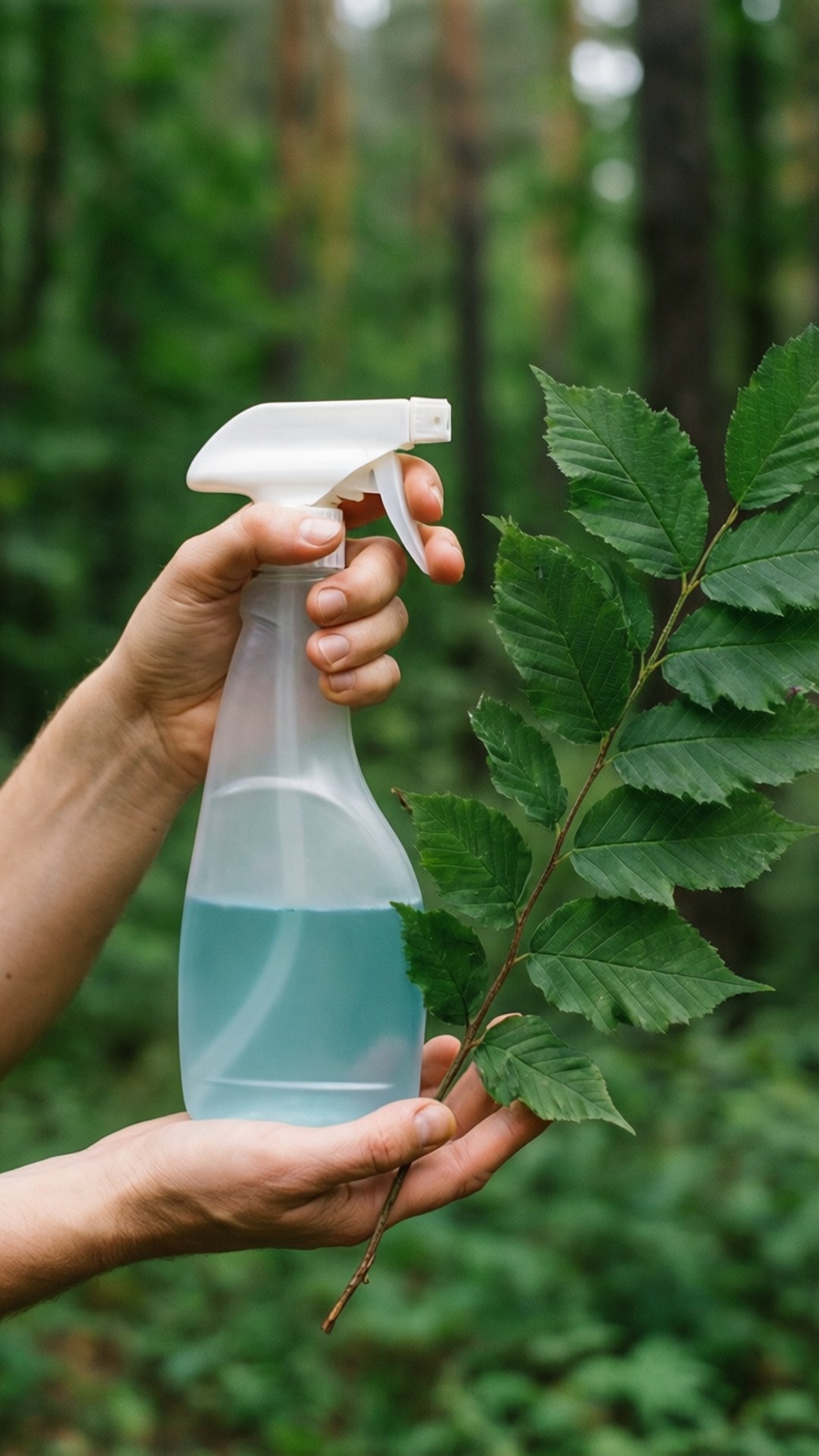 人在森林中手持噴霧瓶和葉子