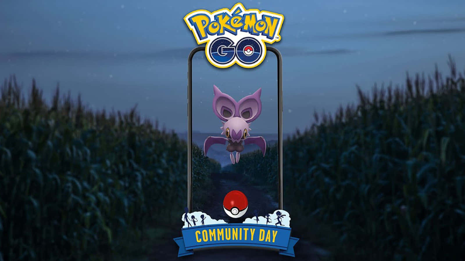 Pokémon GO Community Day 活動，夜晚在玉米田出現紫色寶可夢。