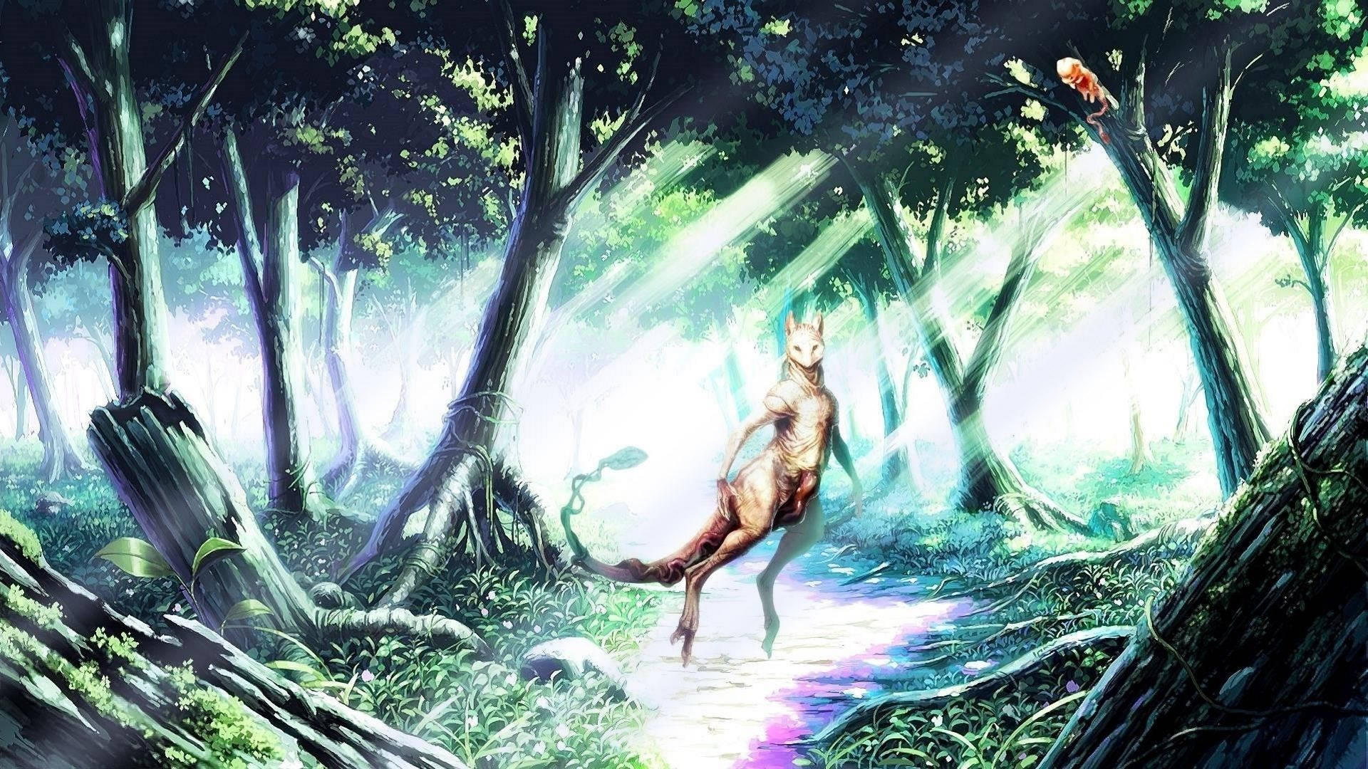 一個狐狸人形在魔法森林中沿著發光的小徑行走。