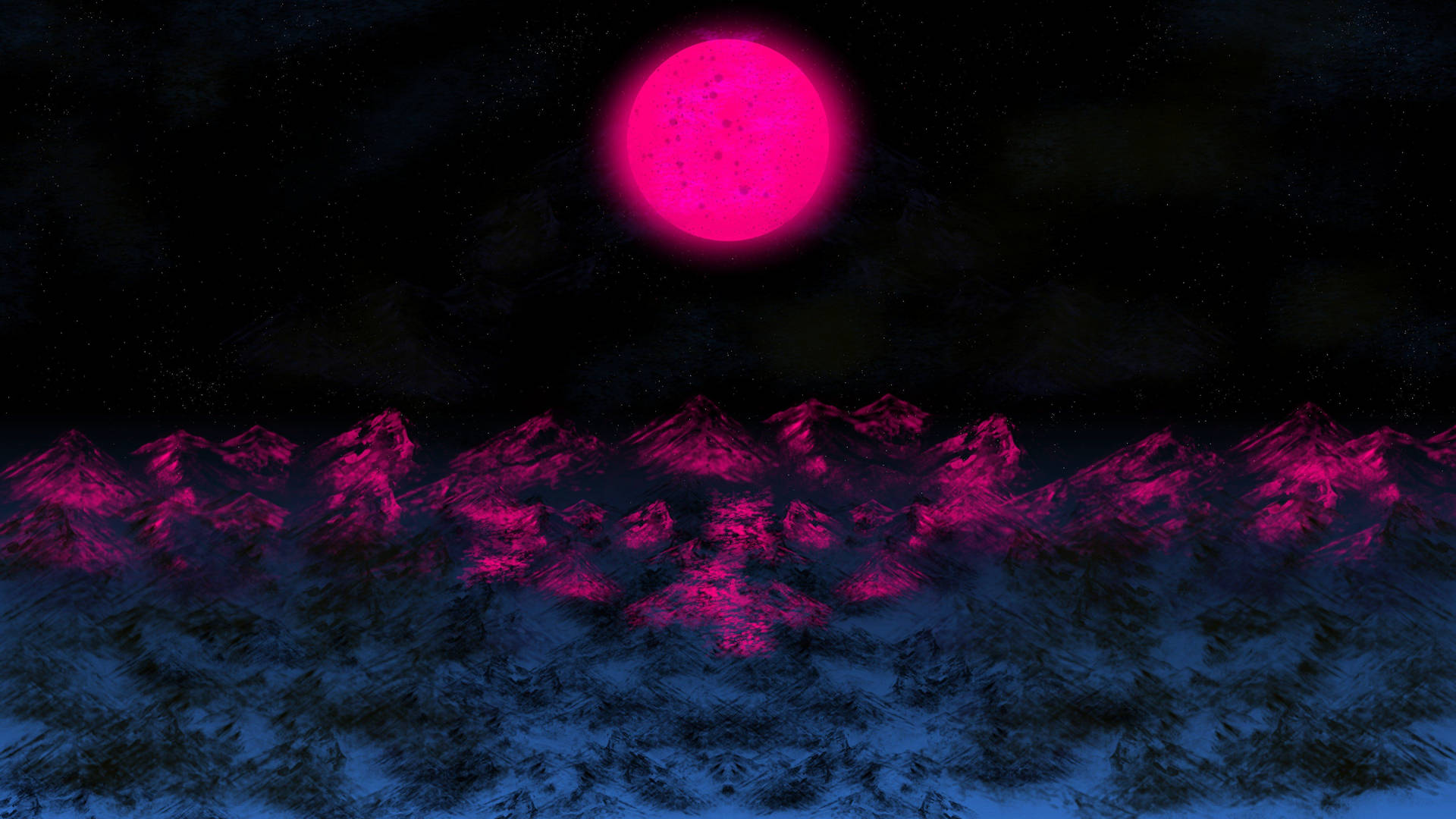 粉紅色月亮在星空下照亮積雪的山峰。