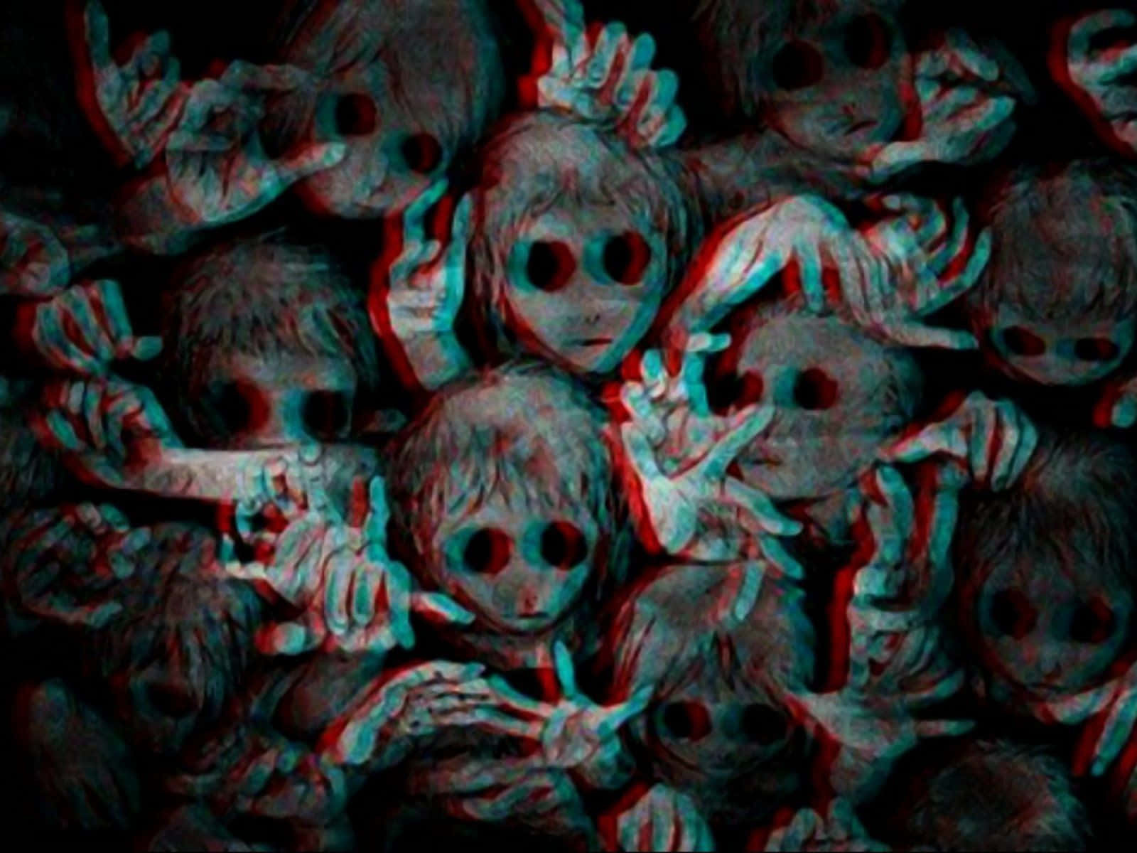 一群扭曲兒童面孔，空洞的眼睛和伸出的手，呈現3D立體紅藍效果。