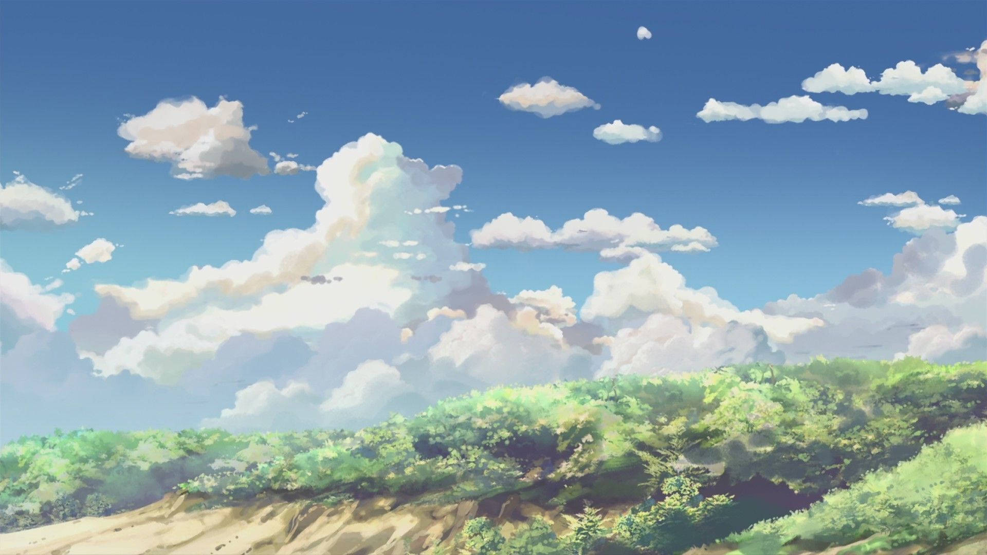 寧靜的動漫風格風景，有綠色森林和蓬鬆的白雲，在明亮的藍天下。
