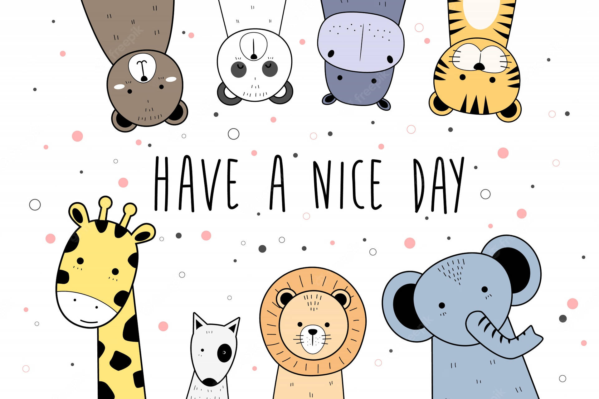 可愛的卡通動物，背景帶有斑點，並附有文字 'have a nice day'。