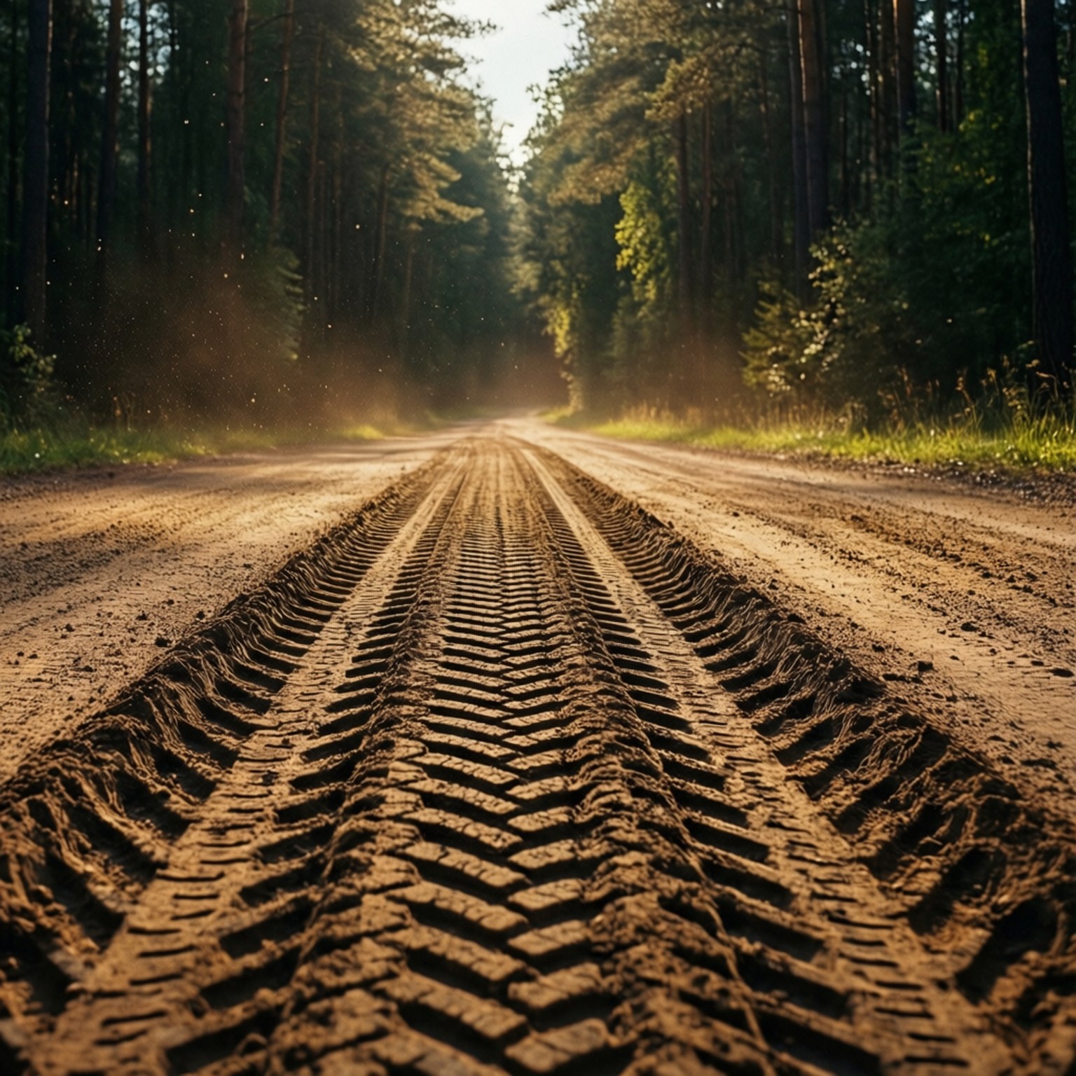 森林土路胎痕 壁紙 — 深深的輪胎痕劃過陽光明媚的森林泥路，兩旁是高聳的樹木和閃爍的金色塵埃。