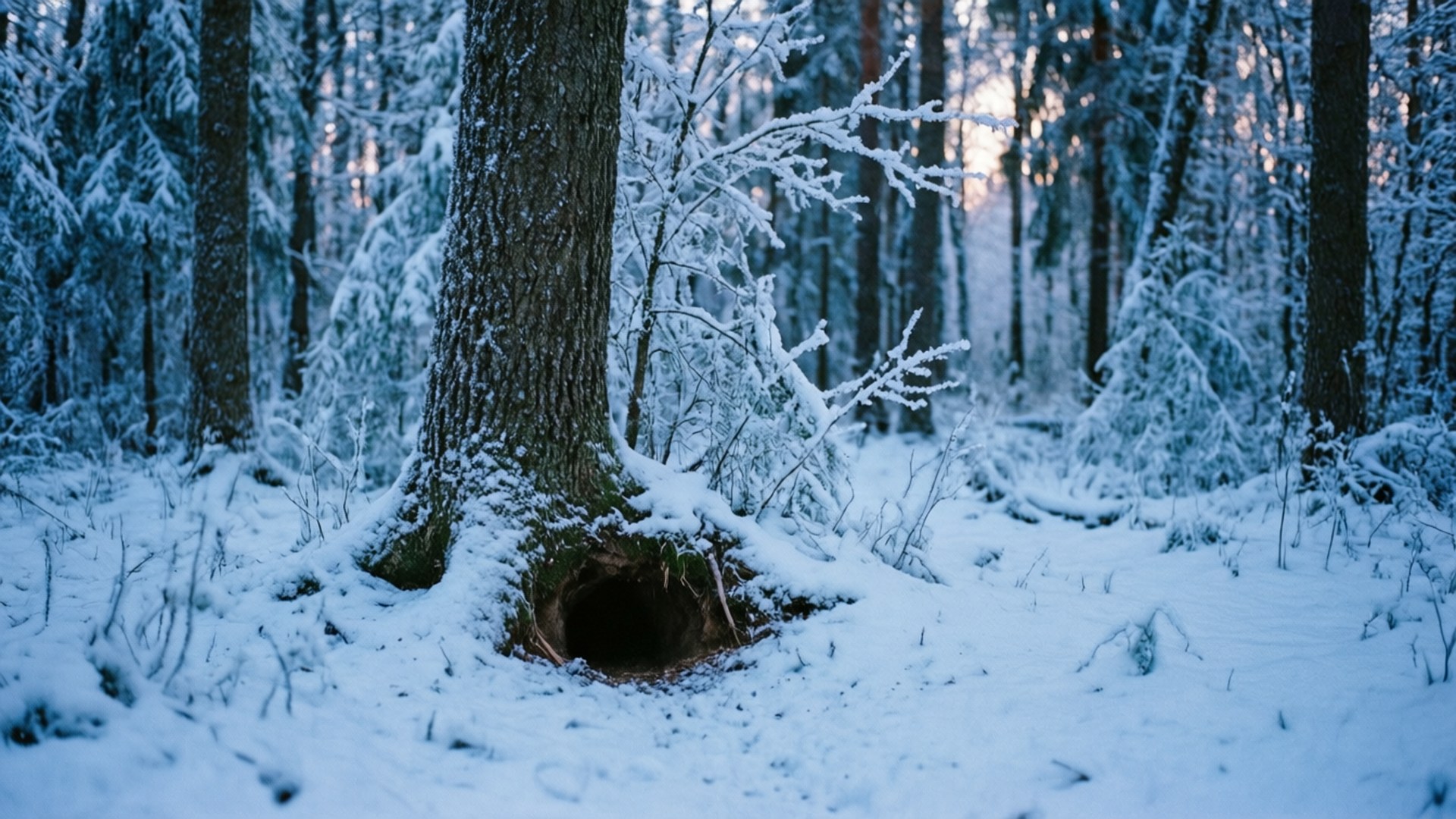 黃昏雪林，樹上結霜，空心圓木。