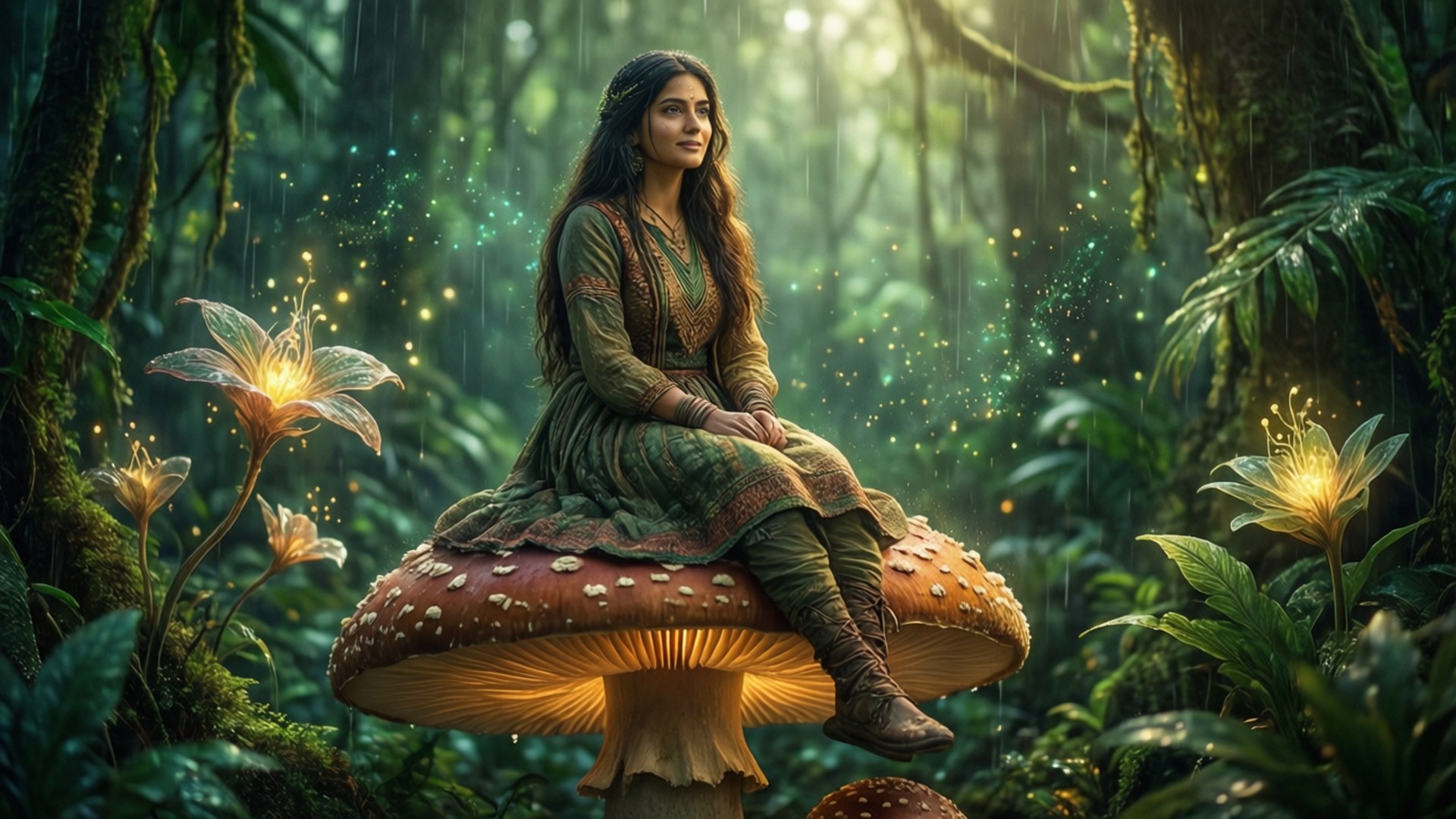 森林女王娜希達 壁紙 — 一位女士寧靜地坐在一個巨大的發光蘑菇上，身處神秘雨林，周圍有發光的花朵。