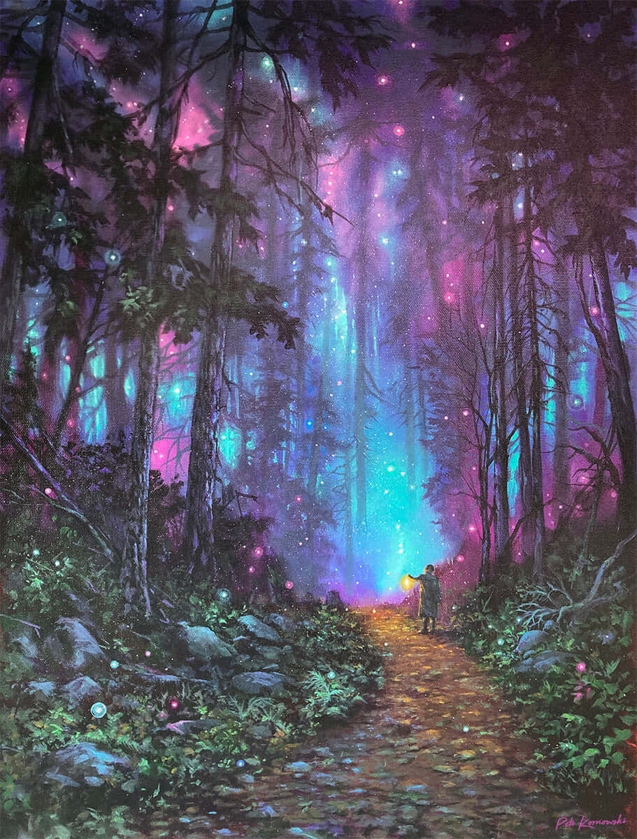 人在神秘森林中走發光小徑，宇宙光芒