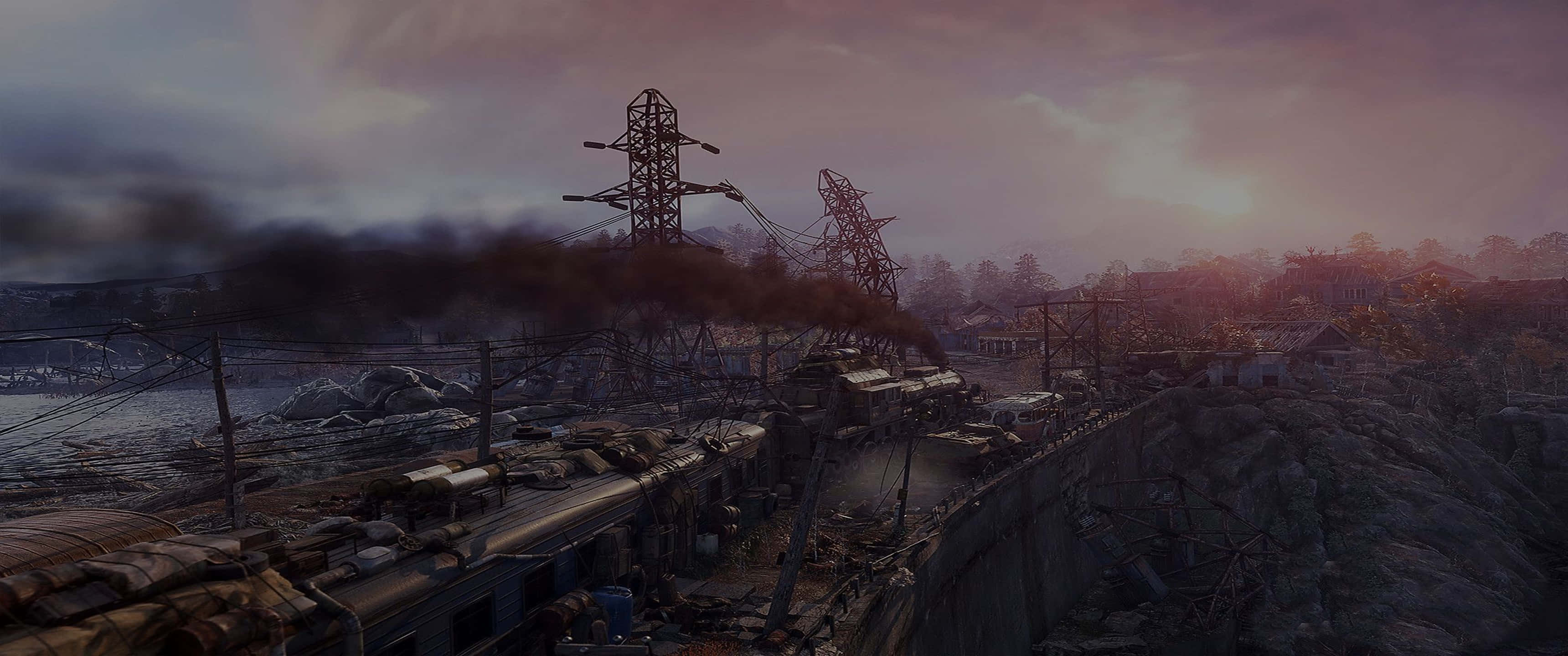 森林山谷《Metro Exodus》3440x1440p 背景 壁紙 — 一列廢棄的火車停泊在生鏽的軌道上，周圍是破敗的工業景觀，上方是昏暗的紫色天空。