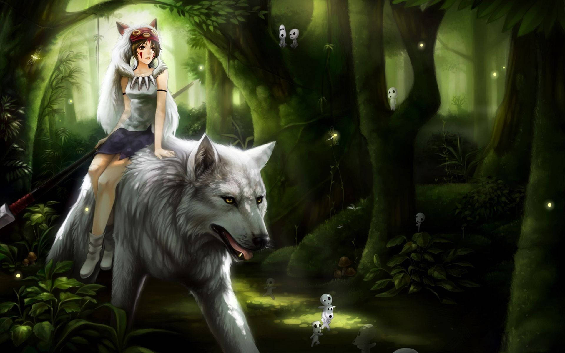 森林幻想狼女 壁紙 — 一個有狐狸耳朵的女孩騎著一頭白狼穿過一個神秘的綠色森林，森林中閃爍著螢火蟲和小鬼魂般的身影。