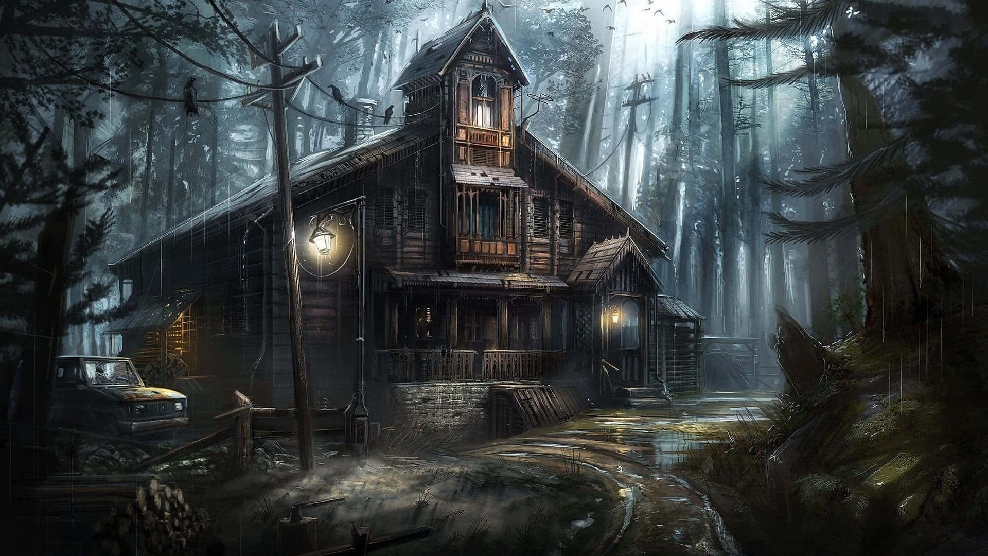 森林幻想鬼屋圖 壁紙 — 一座風化的木屋，窗戶發光，孤立在夜晚霧氣瀰漫、雨水浸透的森林中。