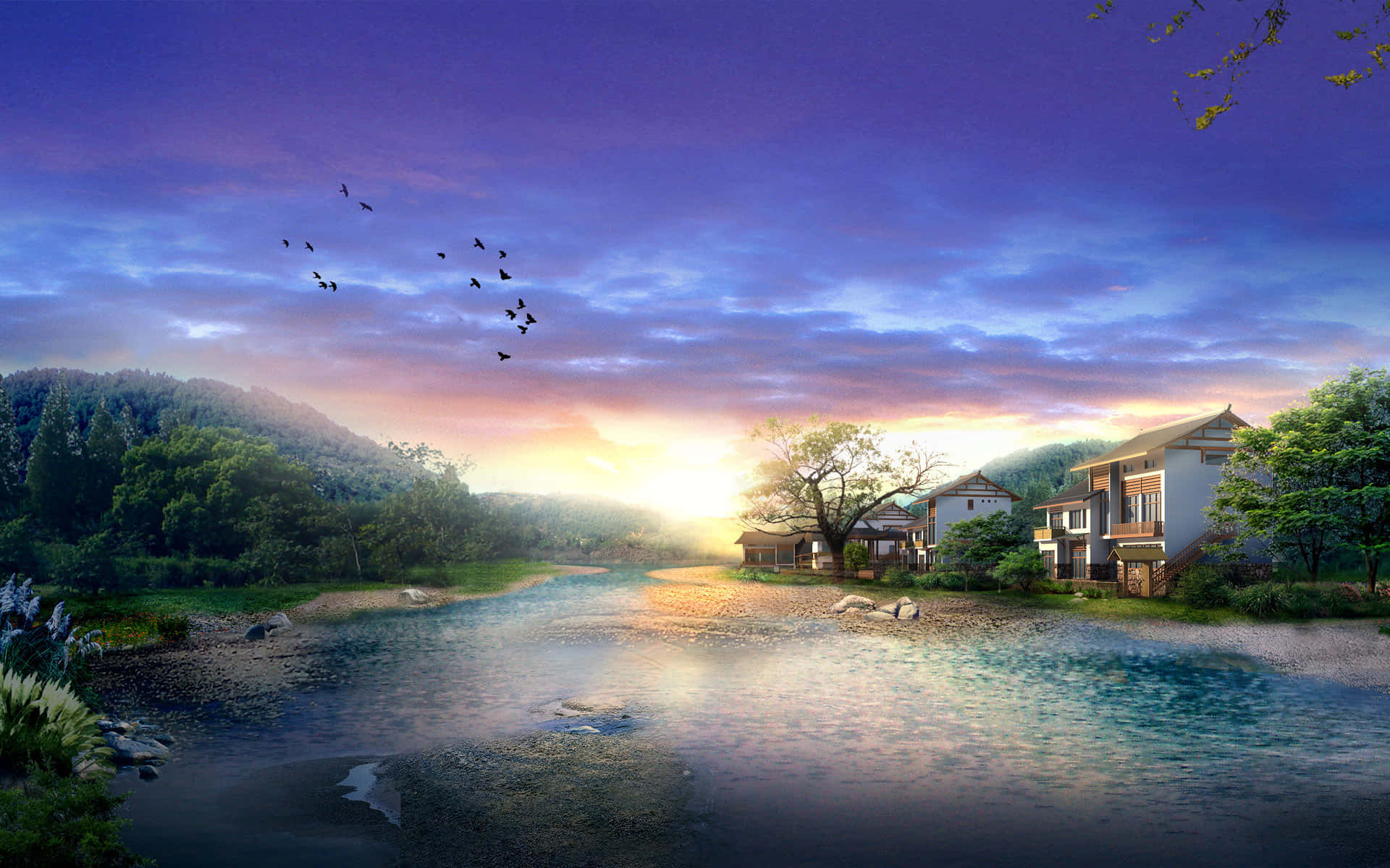 日落時分河邊的傳統房屋，鳥兒飛翔。