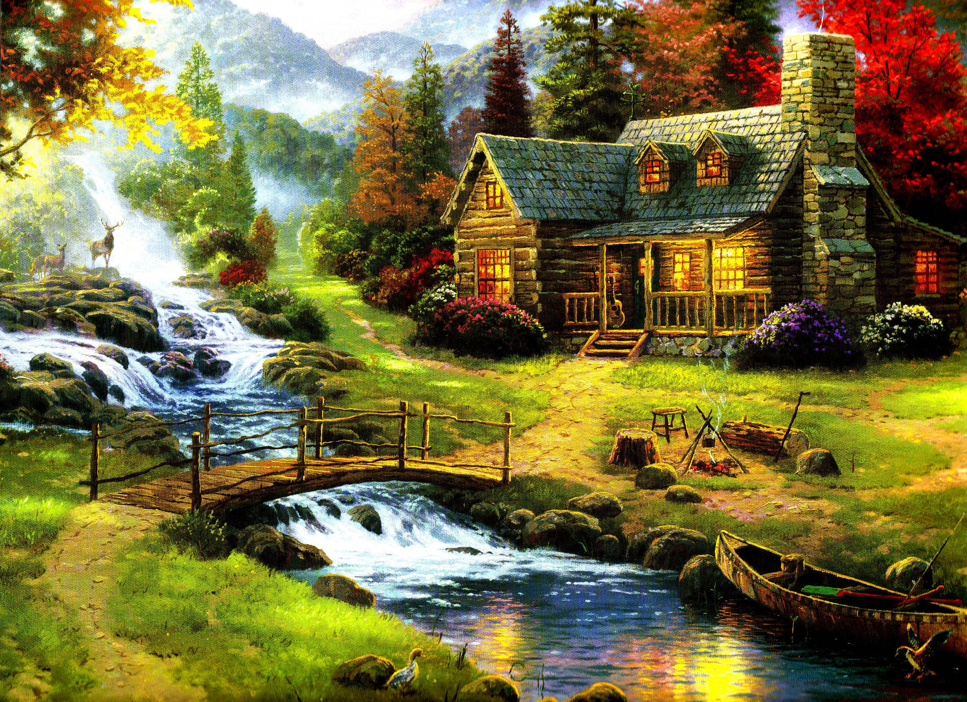 森林景觀屋舍畫 壁紙 — 一間舒適的石頭小屋，溫暖的窗戶發著光，坐落在湍急的河流旁，周圍是秋日樹木，樹葉呈現鮮豔的紅色和金色。