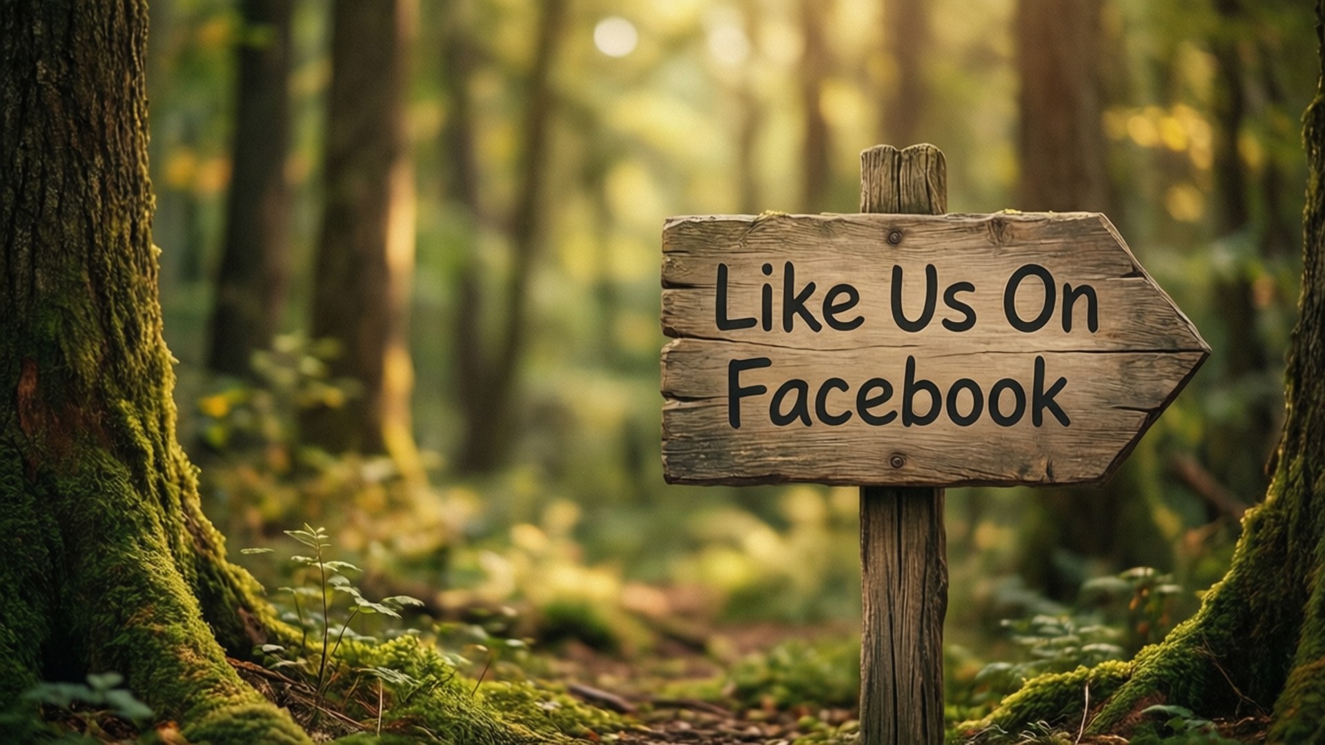 森林木牌臉書宣傳 壁紙 — 一個風化的木製標誌指向右邊，上面有「like us on facebook」之類的文字，矗立在陽光明媚、長滿苔蘚的森林中。