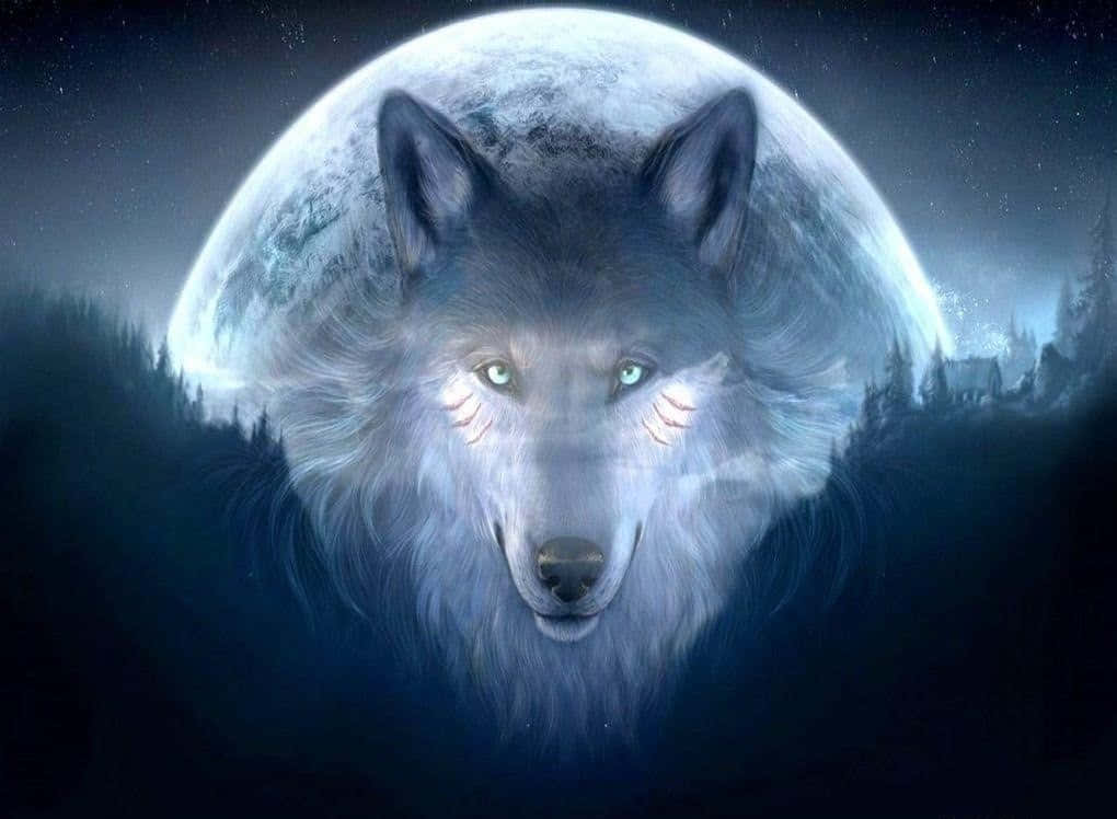 森林狐狸疊影月景照片背景 壁紙 — 一隻雄偉的白狼，擁有發光的綠色眼睛，在黑暗的森林中，在巨大的發光月亮下向前凝視。