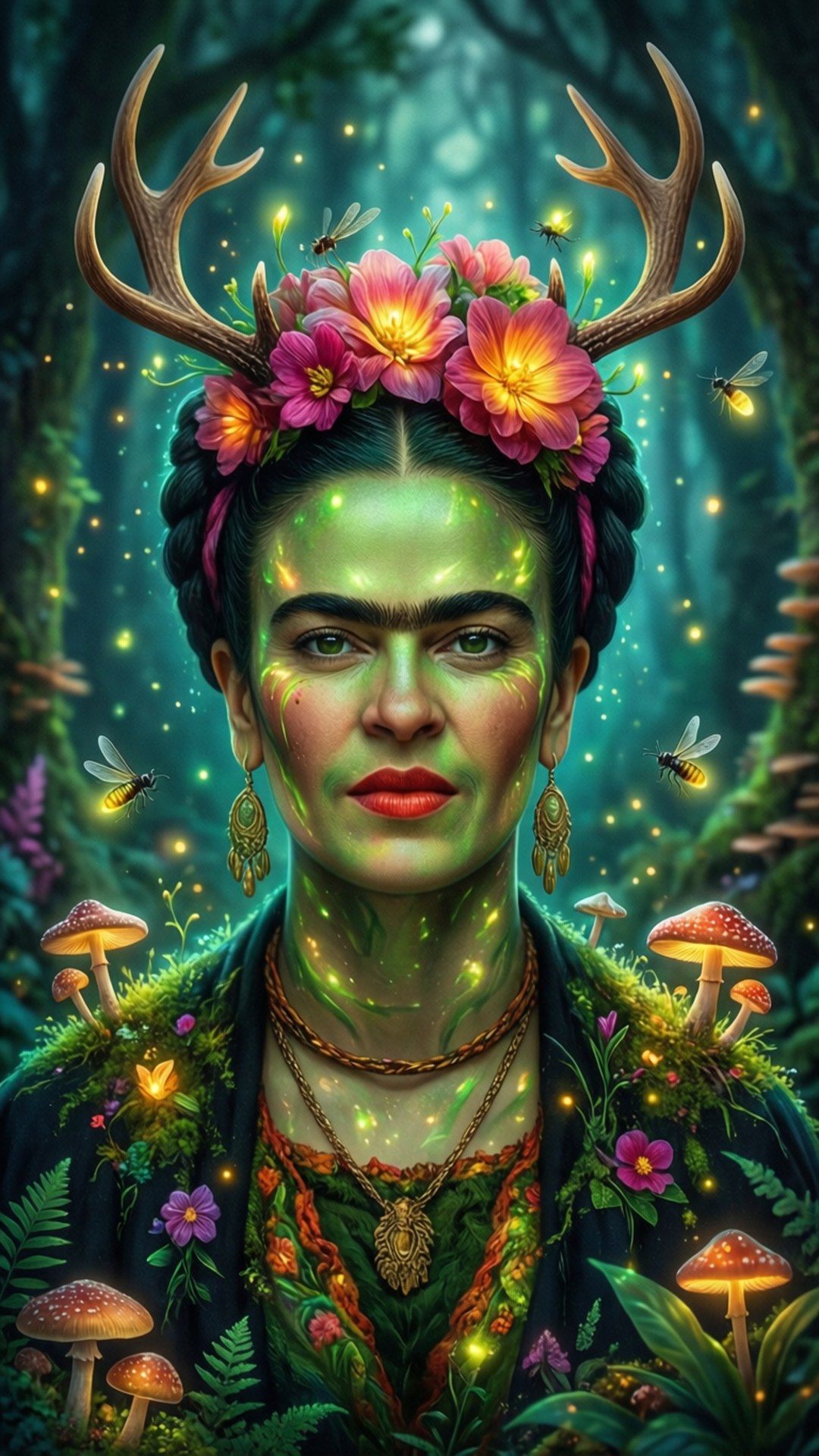 弗里達·卡羅帶著鹿角和花朵在發光的魔法森林中。