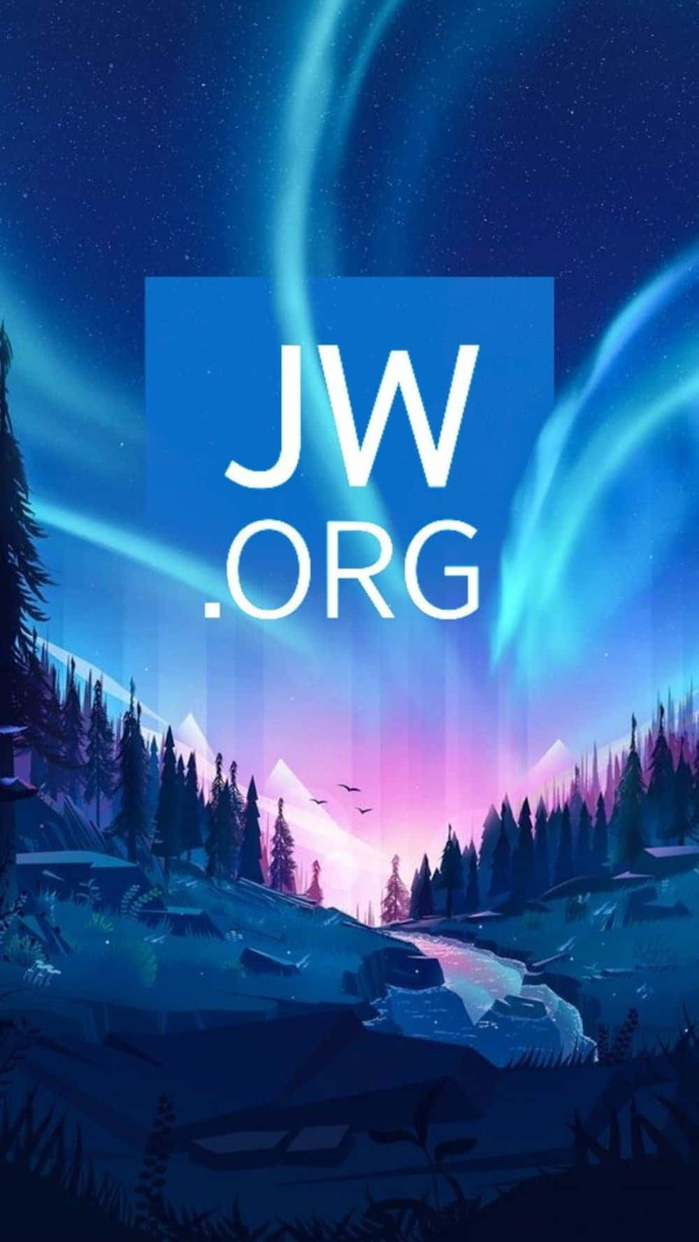 北極光在雪山和森林上方，帶有JW.ORG標誌的夜景。