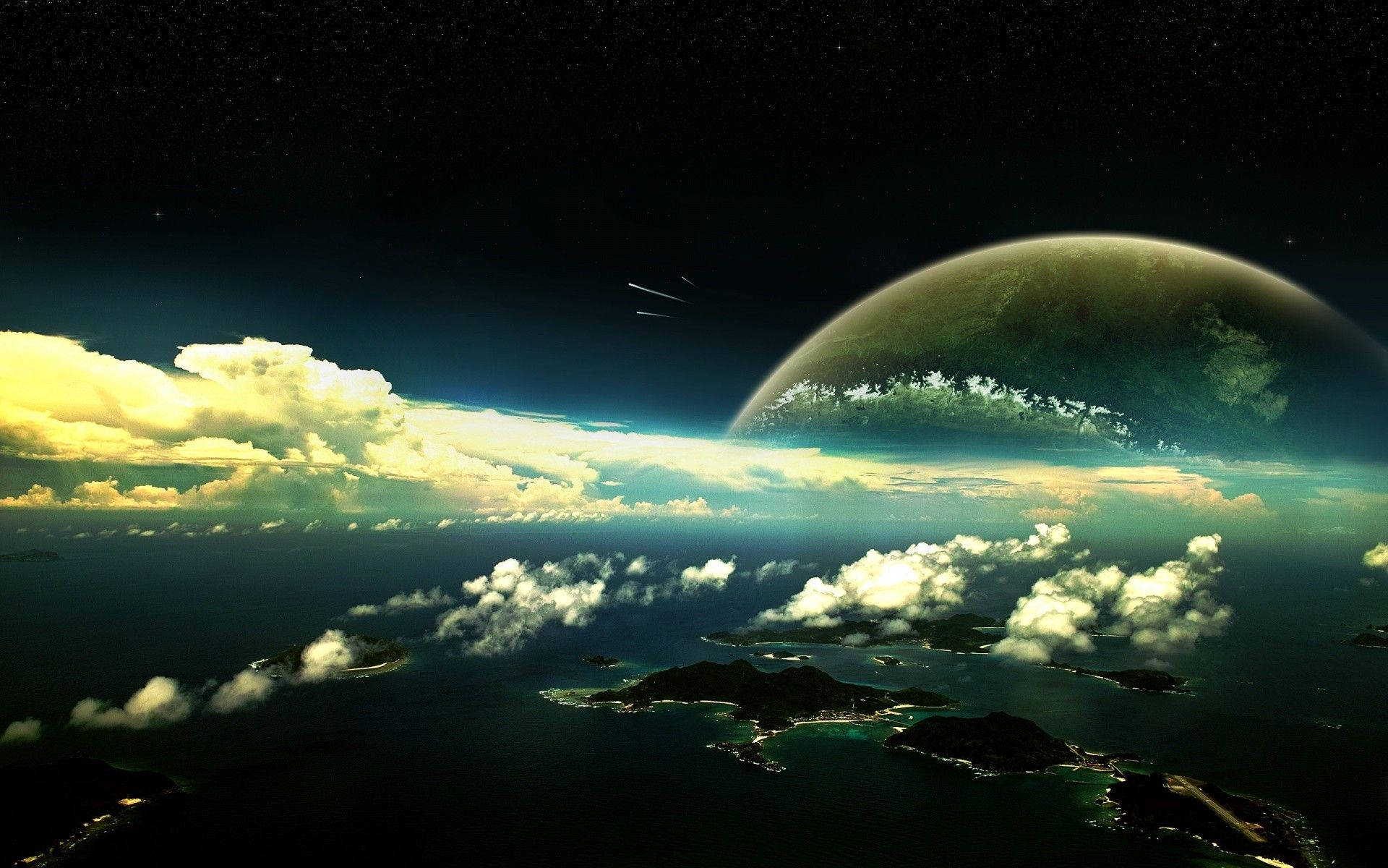 一顆行星在星空的雲海上升起，下方有發光的島嶼。