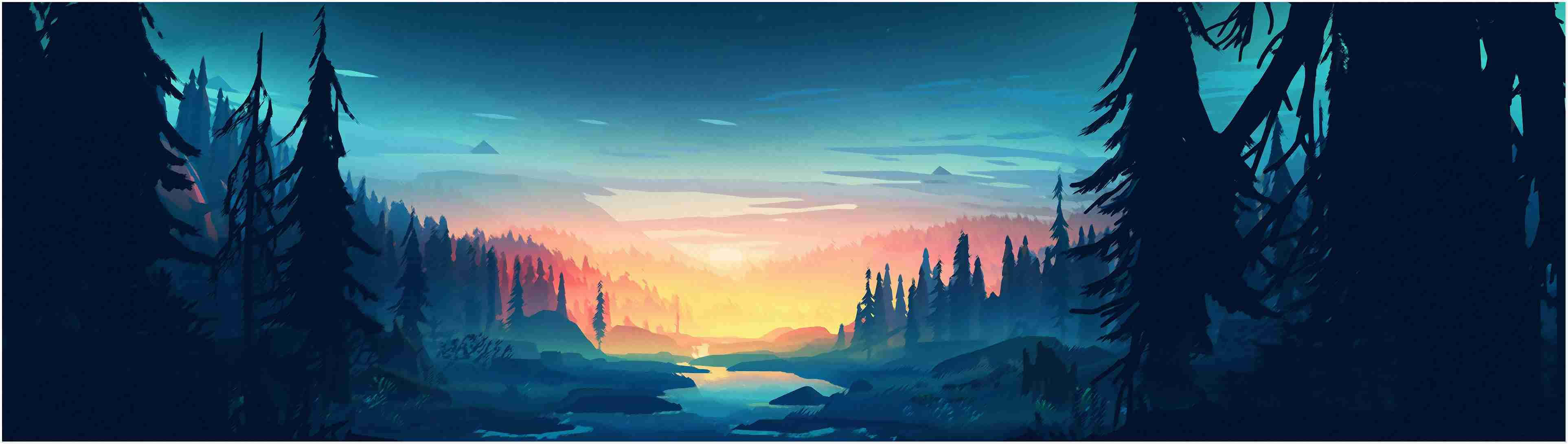 剪影的松樹在暮色中框住一條發光的河流，天空漸變。 — 自然 壁紙