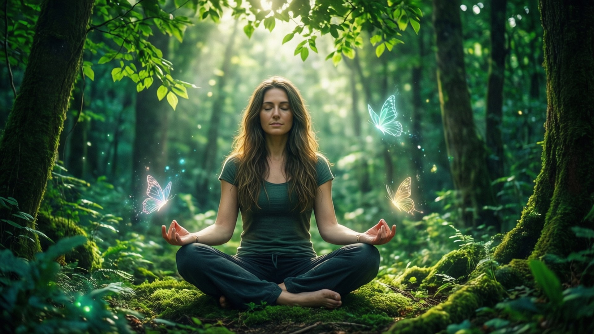森林蓮花冥想 壁紙 — 一名女性在長滿苔蘚的森林地面上盤腿冥想，發光的蝴蝶在斑駁的陽光中圍繞她飛舞。