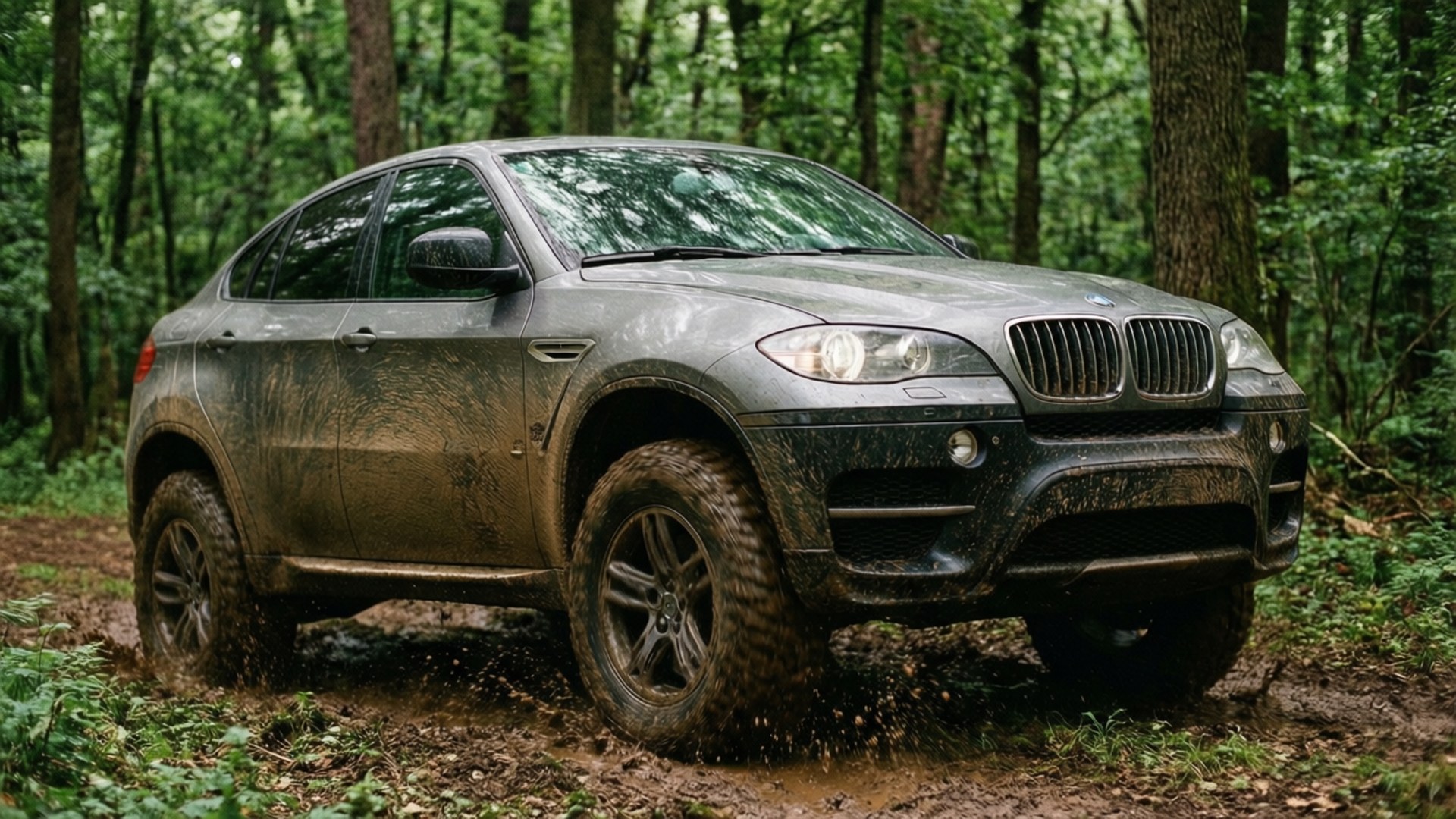 泥濘的BMW X6在森林小徑上行駛，濺起泥漿。