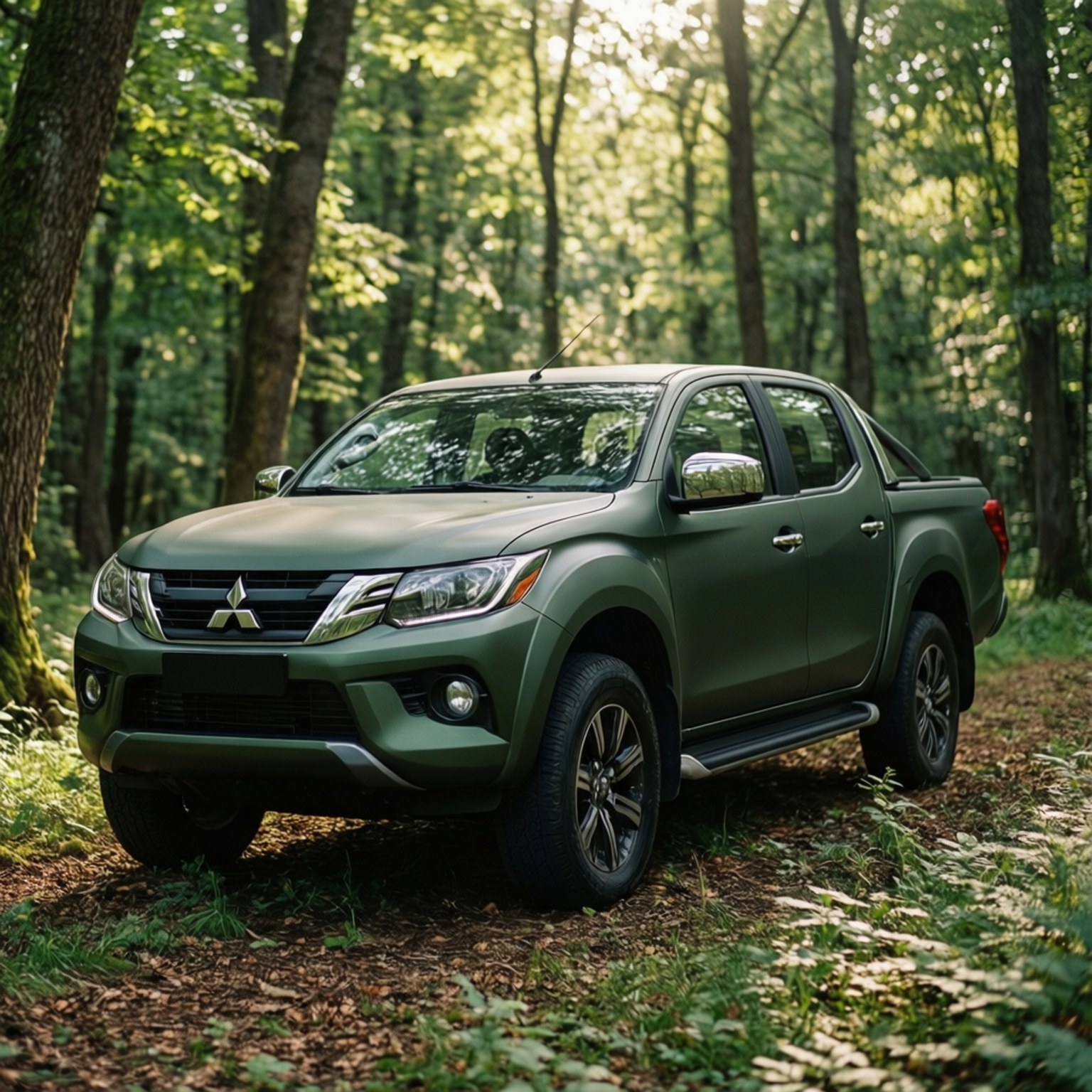 橄欖綠色的三菱皮卡車停放在陽光明媚的森林中，光線透過樹木形成斑駁光影。