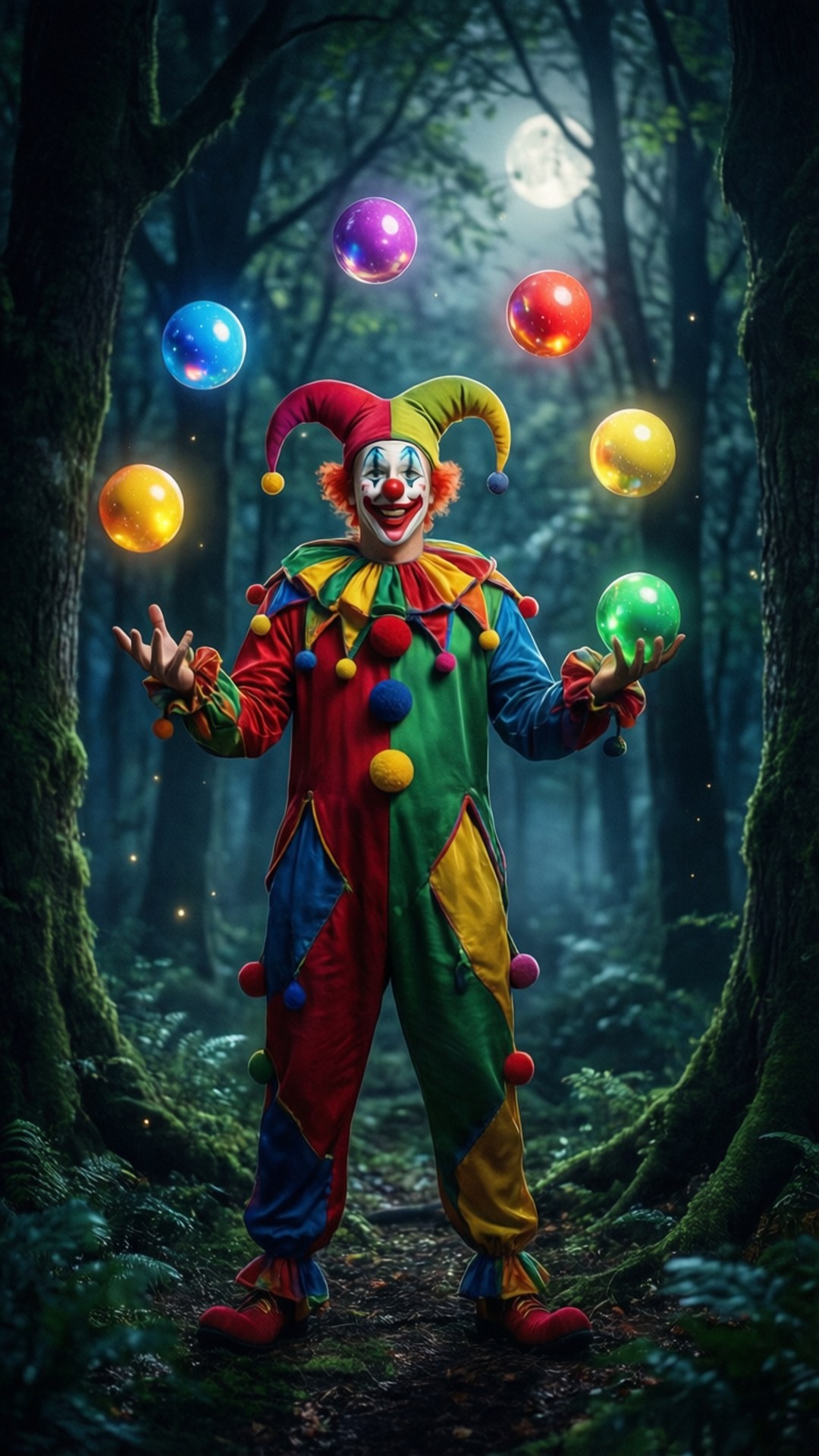 一個小丑在月光下黑暗的魔法森林中拋接發光的球體。