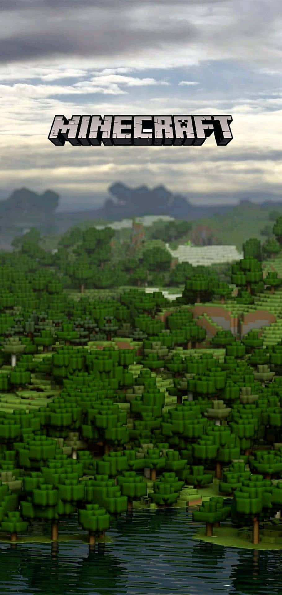 森林鳥瞰圖像素3 Minecraft背景 壁紙 — Minecraft 風景，像素化綠色樹木和水，陰天天空下顯示遊戲標誌。